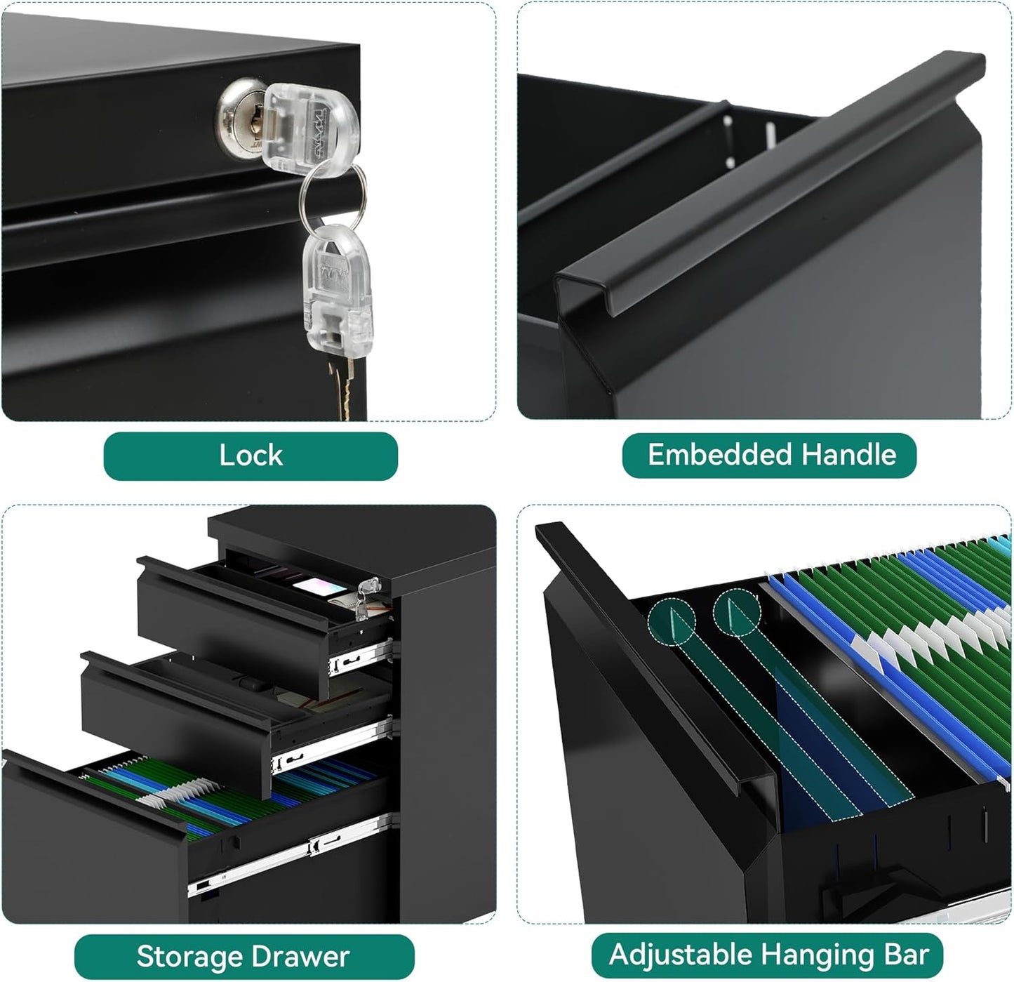 YITAHOME 3 Drawer File Cabinet with Lock, 20” Deep Office Vertical Files, Mobile Metal Filing Cabinet, Metal Vertical Filing Storage Cabinet for Letters/Legal/A4 Size,Black