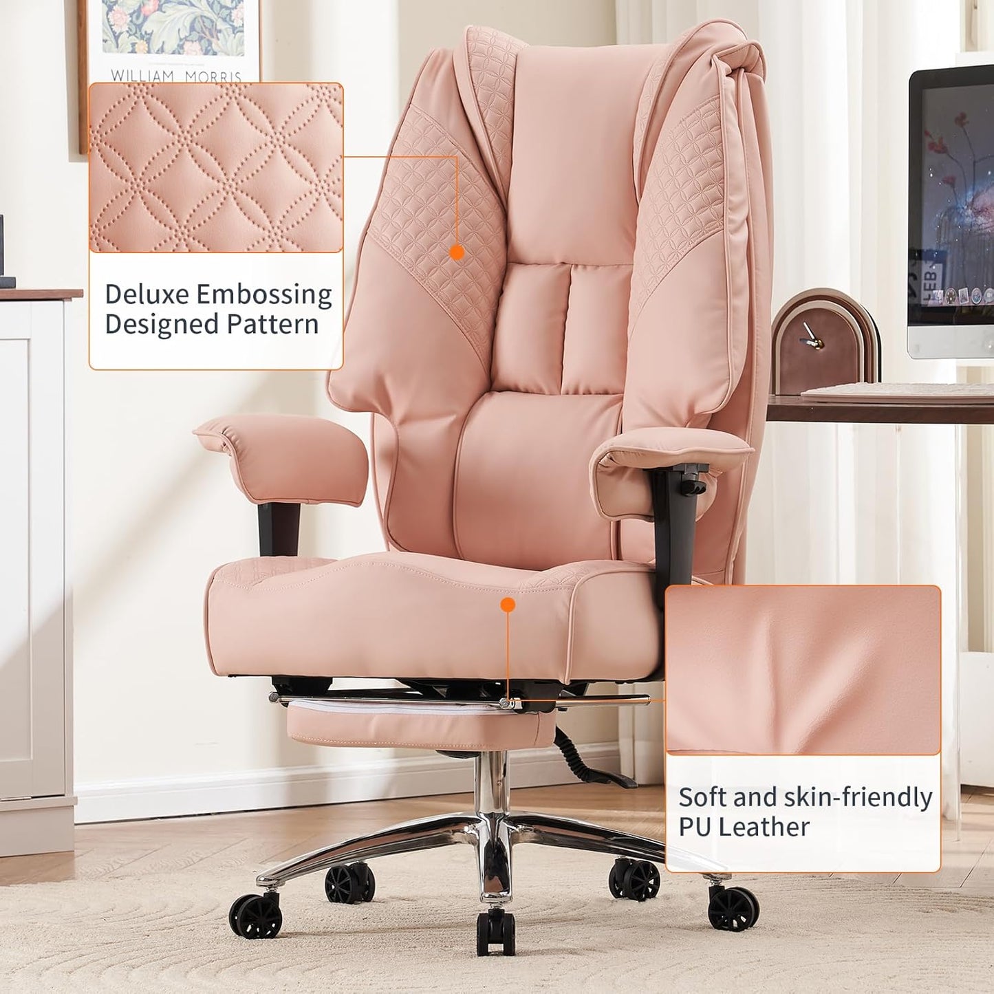Big and Tall Office Chair 400lbs Wide Seat, Leather High Back Executive Office Chair with Foot Rest, Ergonomic Chairs Lumbar Support for Lower Back Pain Relief (Light Pink)