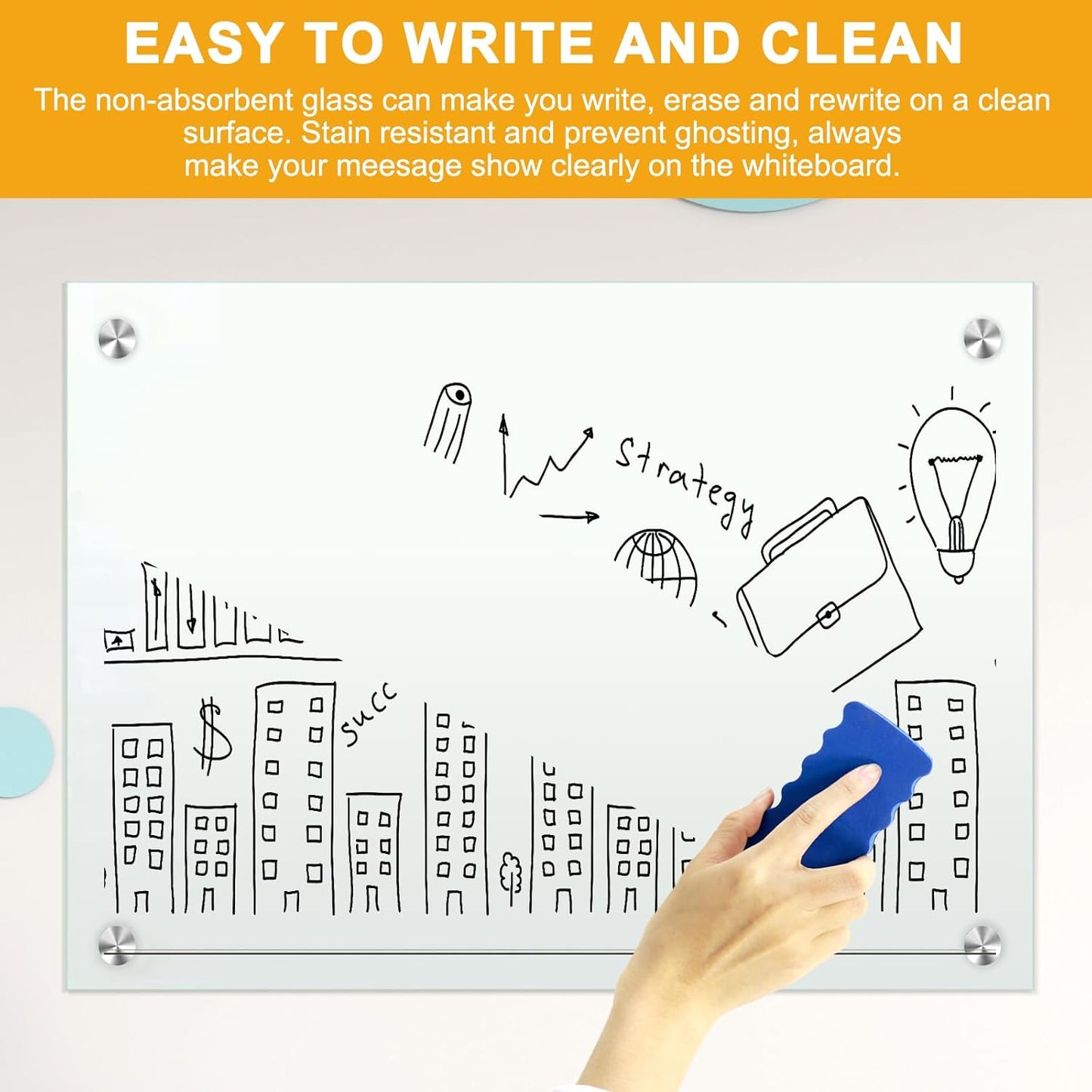 H-Qprobd Glass Whiteboard 60"x40" Magnetic Dry Erase White Board for Wall, Includes 12 Magnets, 8 Markers and 2 Erasers