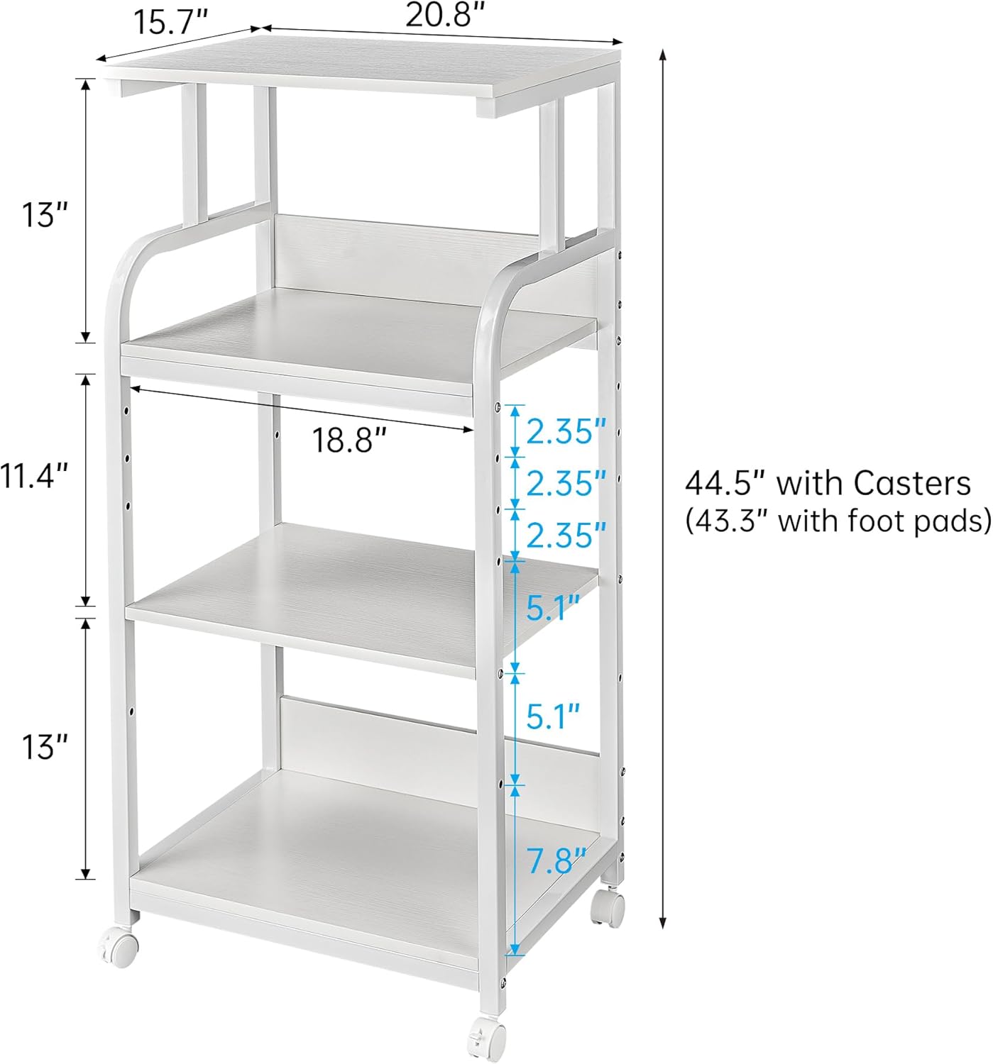 4 Tier White Printer Stand Table with Adjustable Shelves, Movable Printer Shredder Stand with Wheels for Home Office Storage and Organization, Rolling Cart for Computer Tower CPU