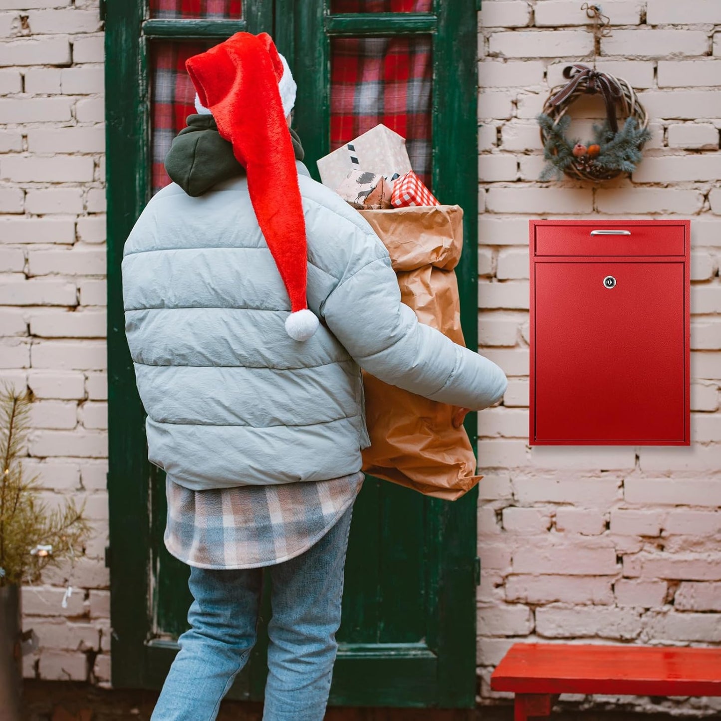 Locking Mailbox with Key for Outdoor 16.2 x 11.2 x 4.7 Inches Large Wall Mount Mail Box with Lock Security Mail Drop Metal Collection Boxes Hanging Secure Postbox(Red)