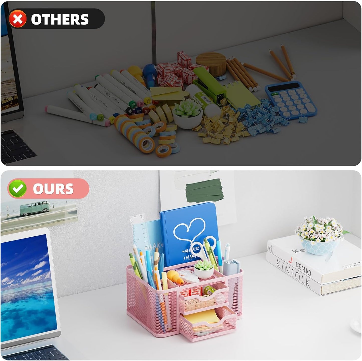 Marbrasse Mesh Desk Organizer, Pen Organizer with 2 Drawer, Multi-Functional Pencil Holder, Desk Organizers and Accessories with 5 Compartments + Drawer for Office Art Supplies (Pink)