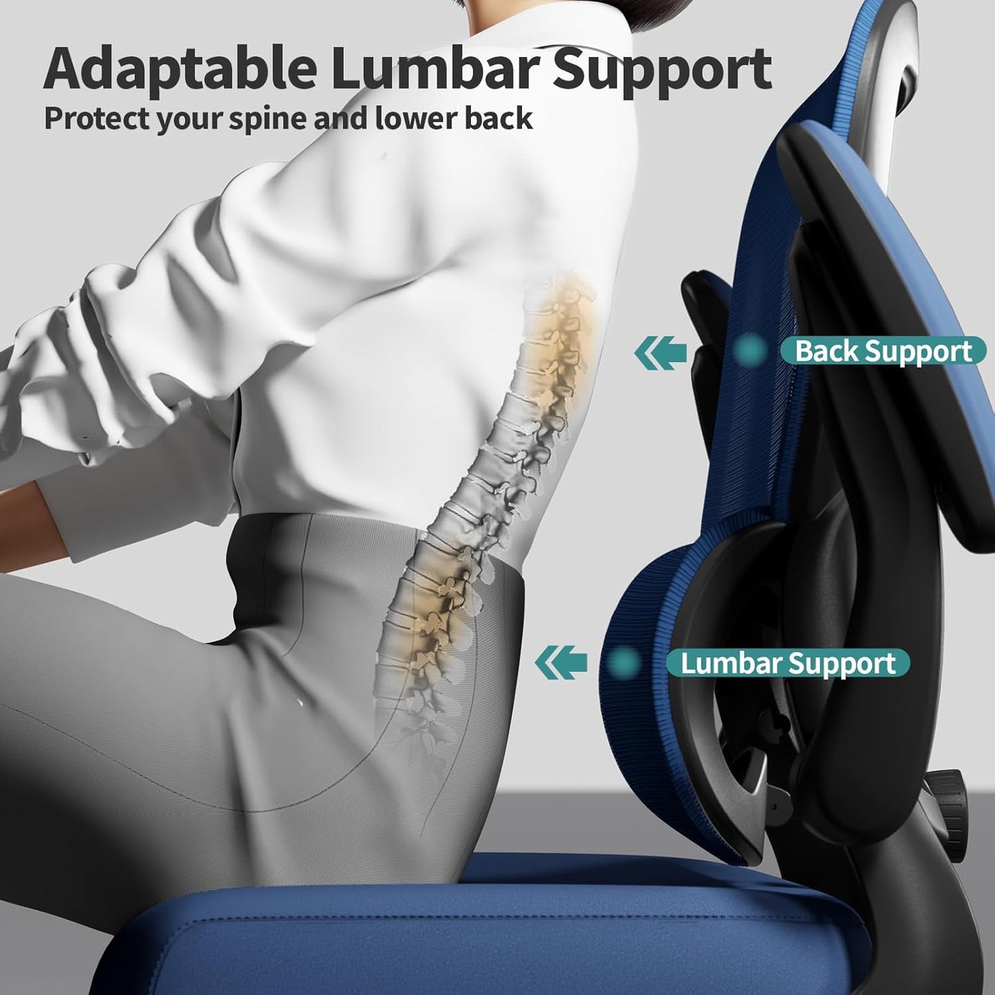 TRALT Office Chair - Ergonomic Desk Chair with Adjustable Lumbar Support, Mesh Computer Chair, Executive Chairs for Home Office Comfortable Lumbar Support (Deep Blue)
