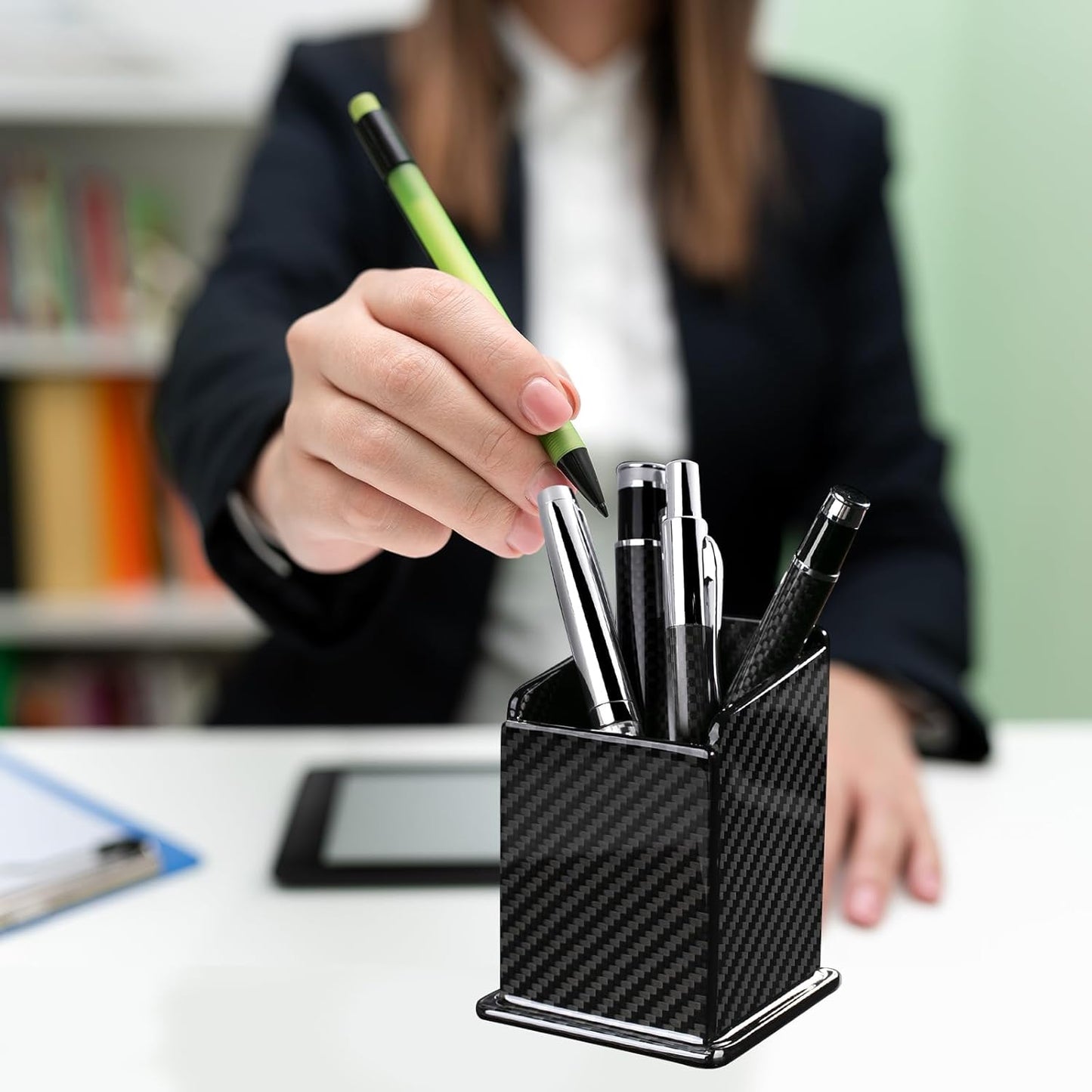 Carbon Fiber Pen Holder Pencil Holder for desk, Desktop Organizer and Black Pencil Cup for Office, School, Home,Glossy Black