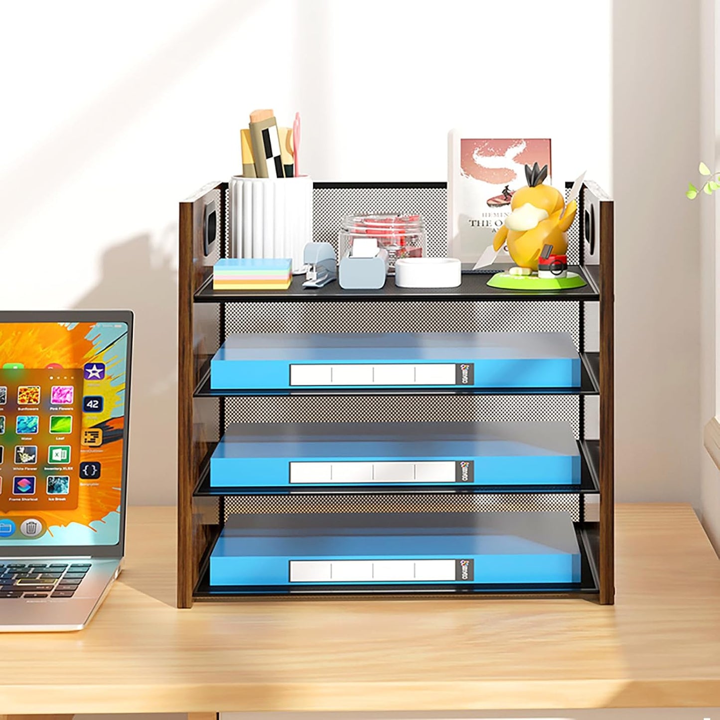 Wood Desk Organizer - 4-Tier Desktop File Organizer, Wooden Paper Organizer, Office Desk Organizer for Papers, Mail, Notebooks, Stationery