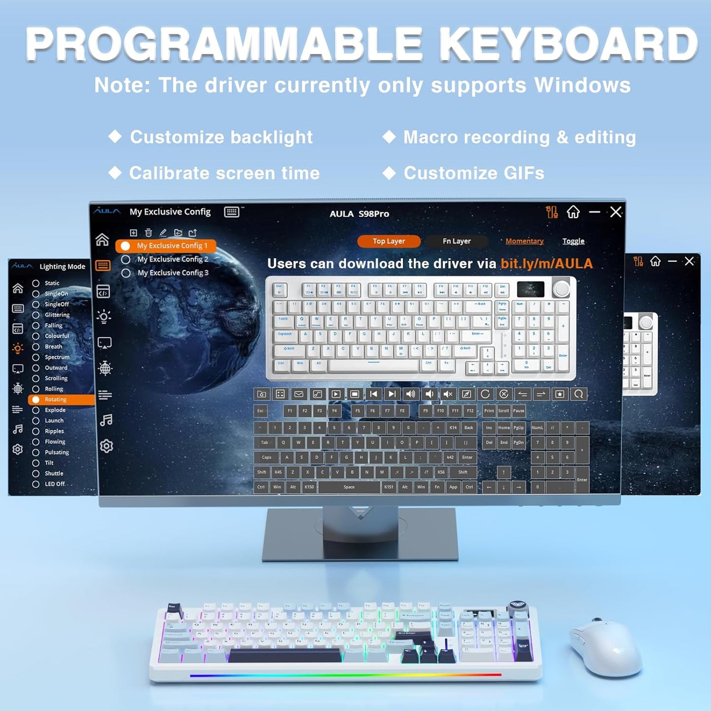 AULA S98 Pro Wireless Mechanical Keyboard,Smart Screen & Knob,Tri-Mode BT5.0/USB-C/2.4GHz Creamy Keyboard,Pre-lubed Linear Switches,Hot Swappable RGB Backlit Computer Gaming Keyboards