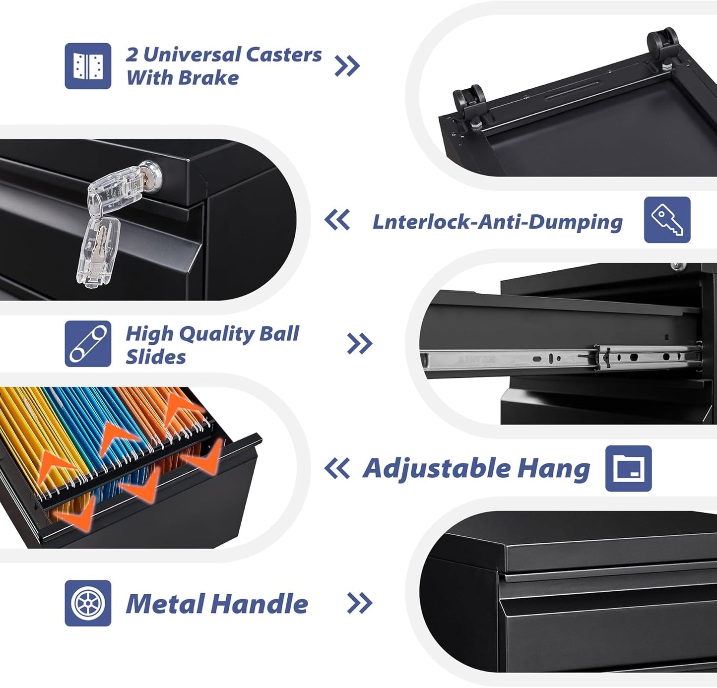 Rolling File Cabinet with Lock, 3 Drawer Metal Mobile Filing Cabinet Legal/Letter Size, Fully Assembled Except Casters, Black