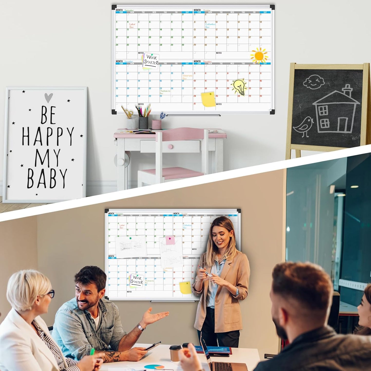 XBoard Magnetic Calendar Whiteboard 36" x 24", 4 Months Calendar Dry Erase Board, Silver Aluminium Framed White Board Planner for Home School Office Organization