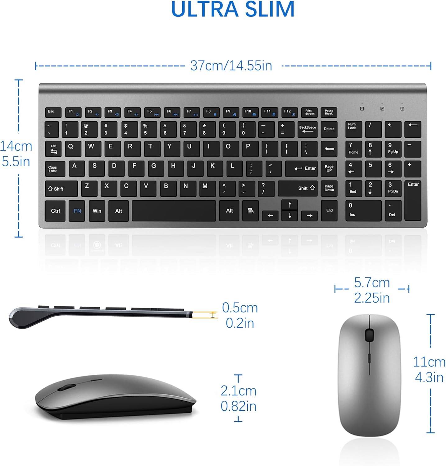 Wireless Keyboard and Mouse Ultra Slim Combo, TopMate 2.4G Silent Compact USB 2400DPI Mouse and Scissor Switch Keyboard Set with Cover, 2 AA and 2 AAA Batteries, for PC/Laptop/Windows/Mac - Gray Black