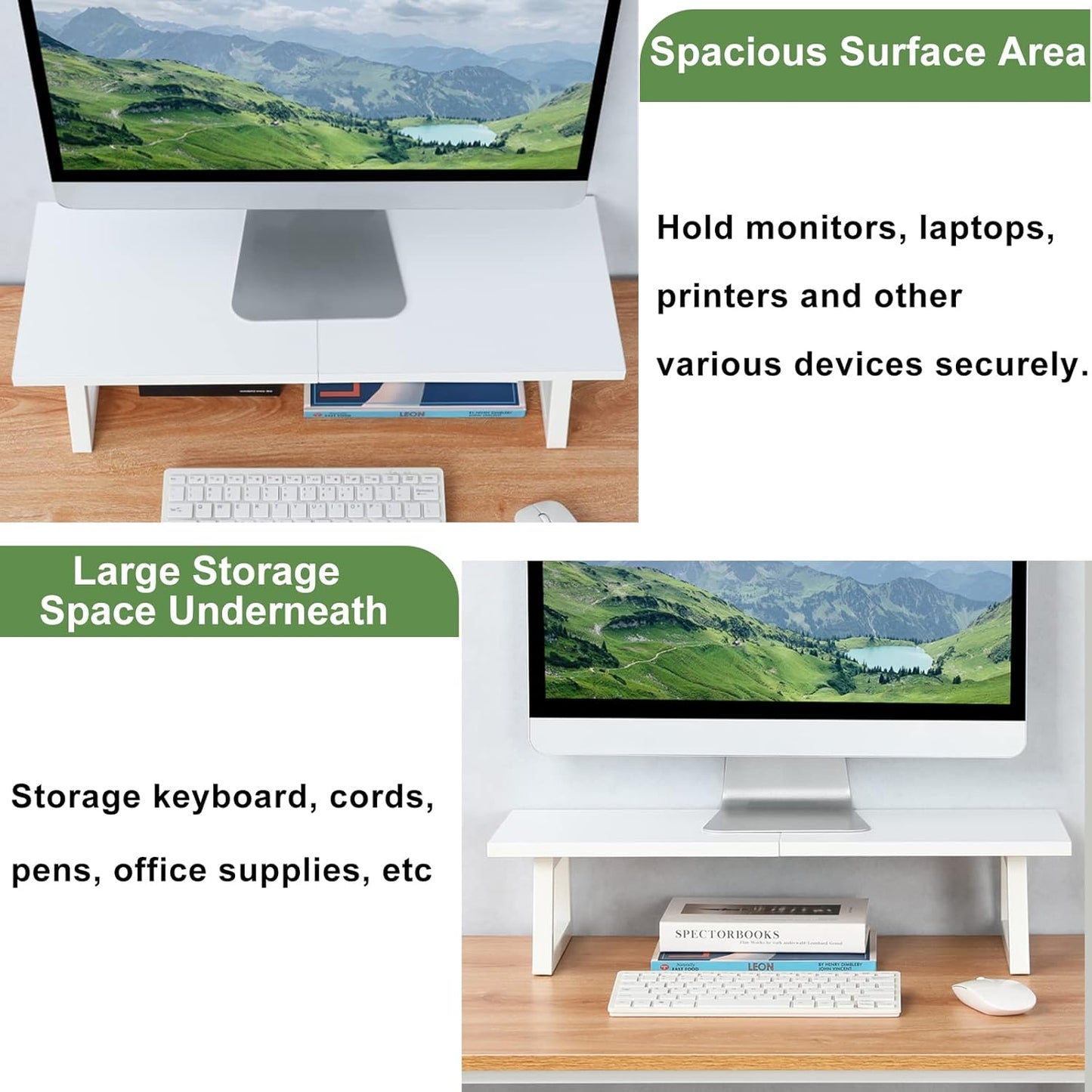 TEAMIX 24 inch Monitor Stand Riser, White Wood & Steel Computer Monitor Stand with Storage, Laptop, PC, Printer Stand Riser for Desktop Office Desk Organizers