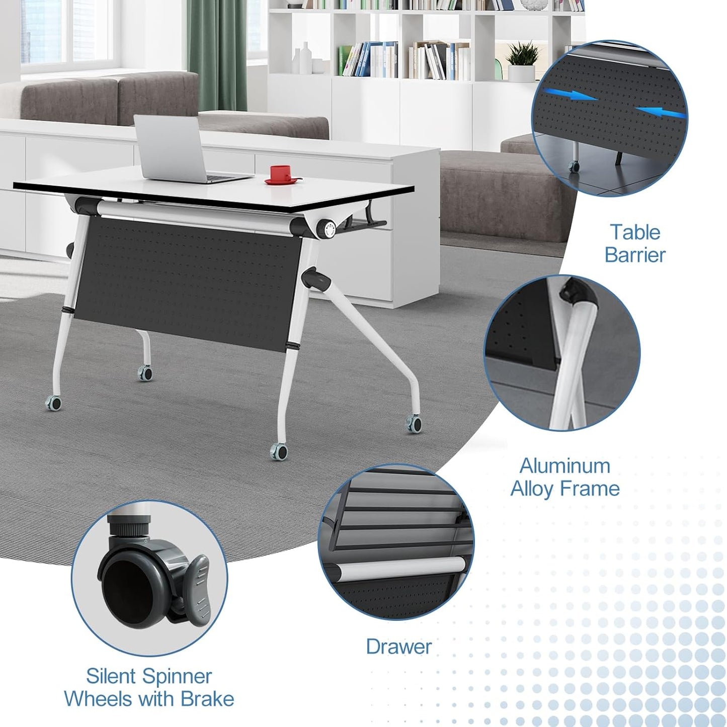 Conference Table, Folding Conference Room Tables, Mobile Training Tables with Silent Wheels, Large Rectangular Modular Seminar Table Office Computer Desks for Classroom White (4Pack L55.1in)