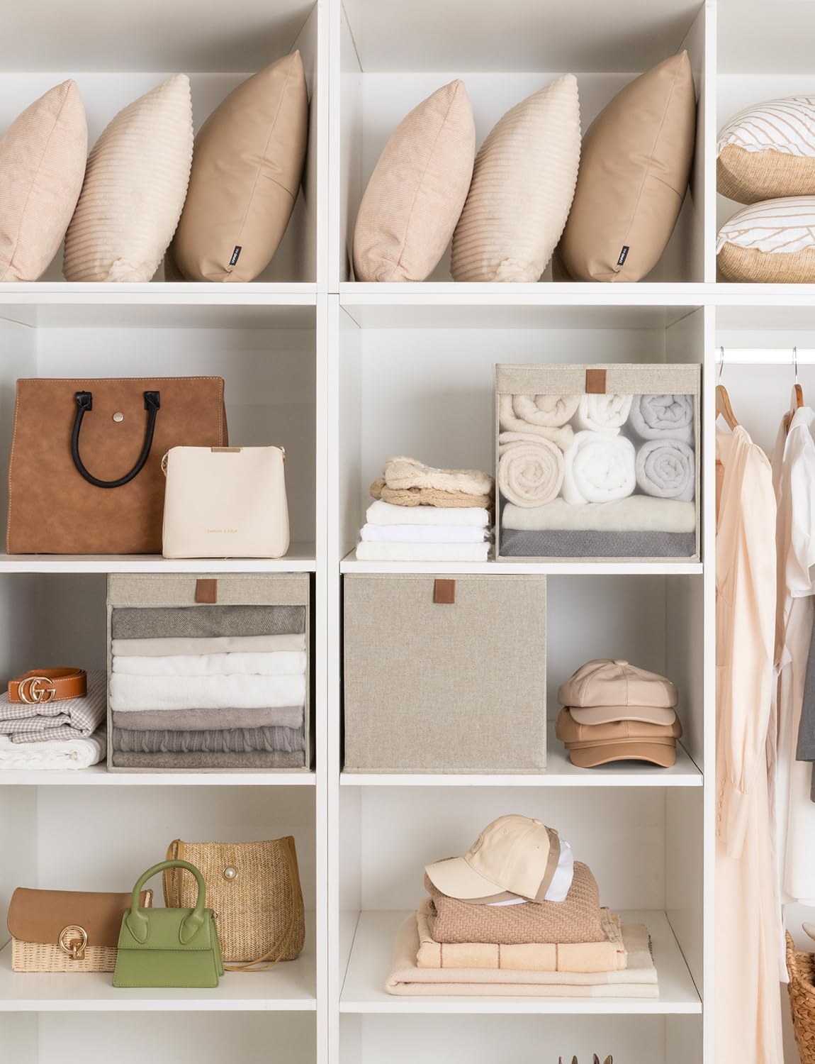 StorageWorks 13x13 Storage Cubes, Closet Storage Bins with Clear Window, Large Fabric Organizer for Clothes, Collapsible Storage Baskets with PU Handles, Brown and Beige, 3-Pack