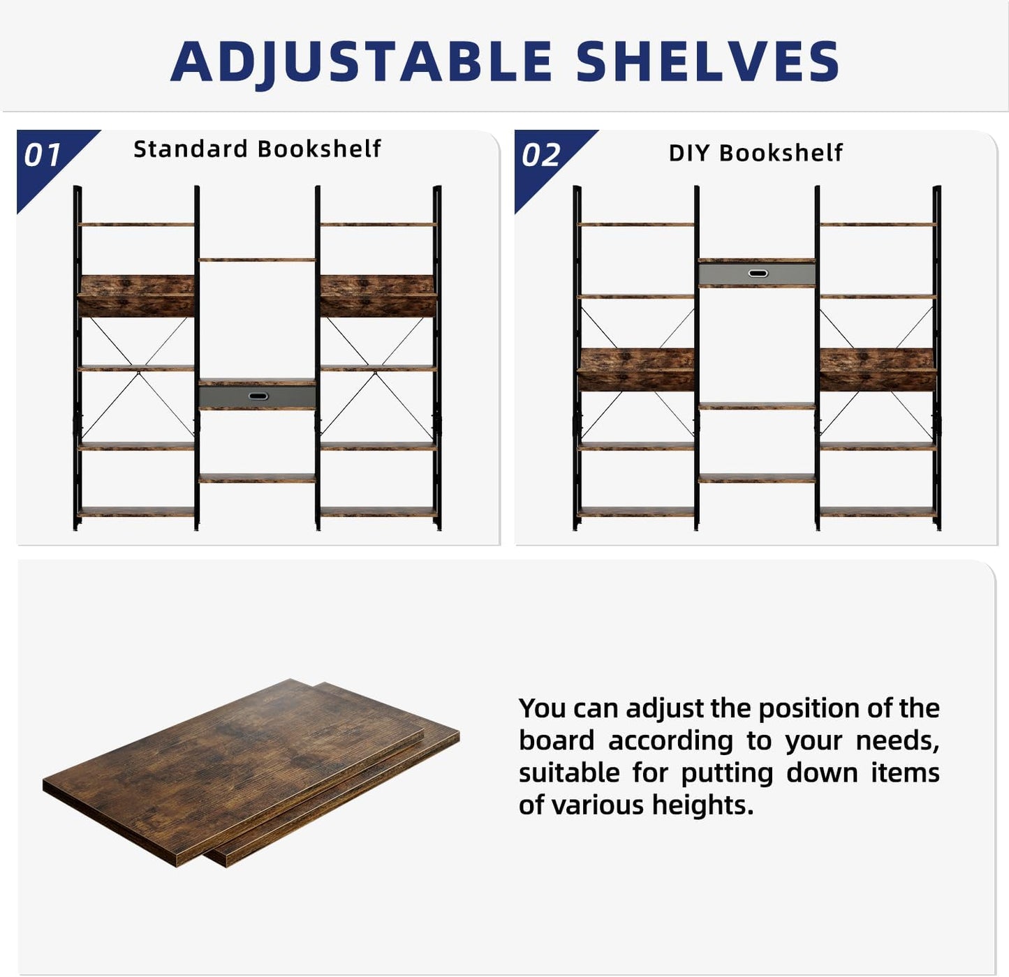 NUMENN Bookcases and Bookshelves Triple Wide 5 Tier Bookshelf, Large Etagere Bookshelf with Storage Drawer, Adjustable Open Display Shelves for Living Room Bedroom Home Office, Vintage Brown