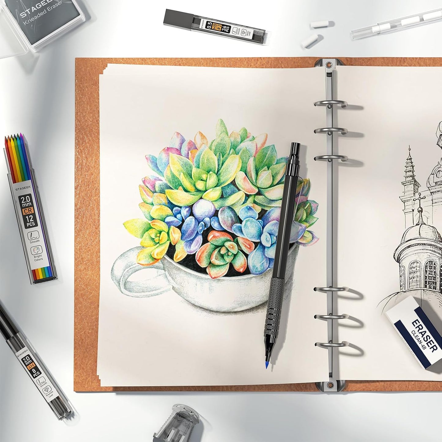 35PCS Black Art Mechanical Pencil Set in Case,0.5 0.7 0.9 2.0 Graphite Metal Drawing Drafting Pencils, Sharpener Erasers 384PCS Lead Refills (6B 4B 2B HB 2H 4H Colors) for Writing Sketching