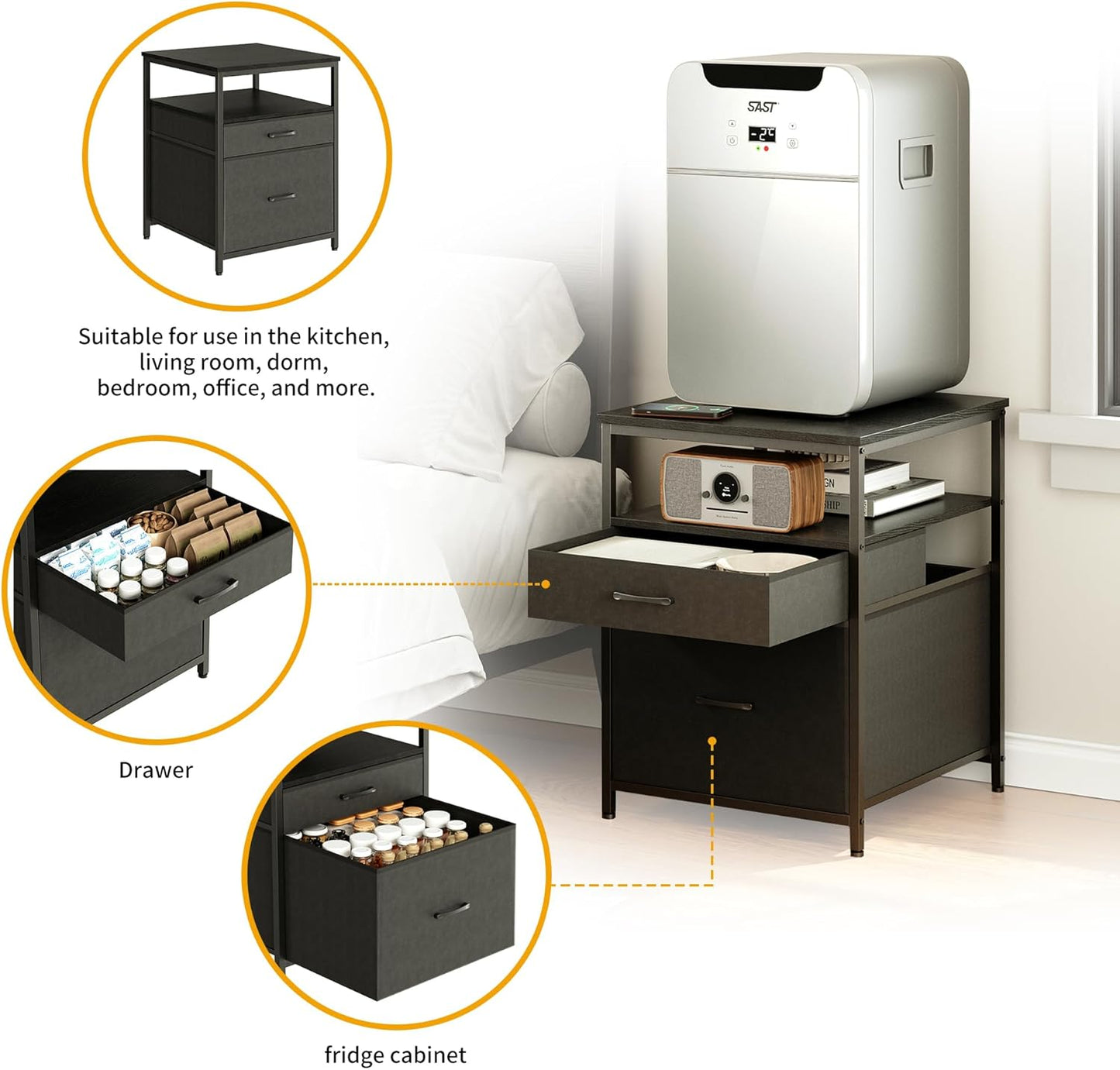 Mini Fridge Stand with 3 Storage, Mini Fridge Cabinet, Beverage Fridge Table, Heavy Duty 21.3" L* 22.7" W Tabletop, for Dorm, Apartment,Office, Bedroom Black HB01BXB