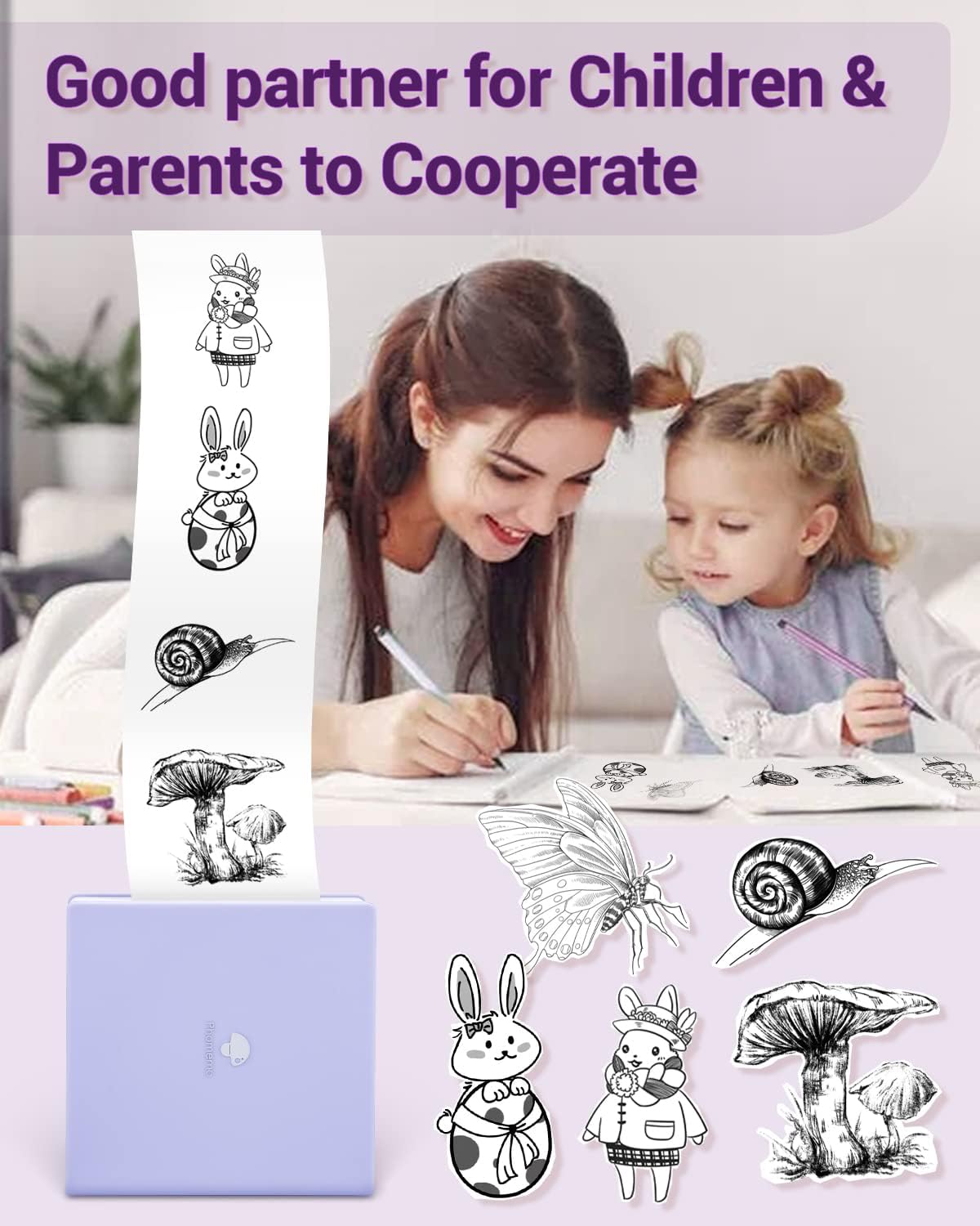 Phomemo Mini Sticker Printer- Mini Printer Sticker Maker Machine M02, Print Pods Suitable for Creative DIY, Diaries, Photos, Study Notes, Portable Thermal Inkless Label Maker for Home/Travel, Purple