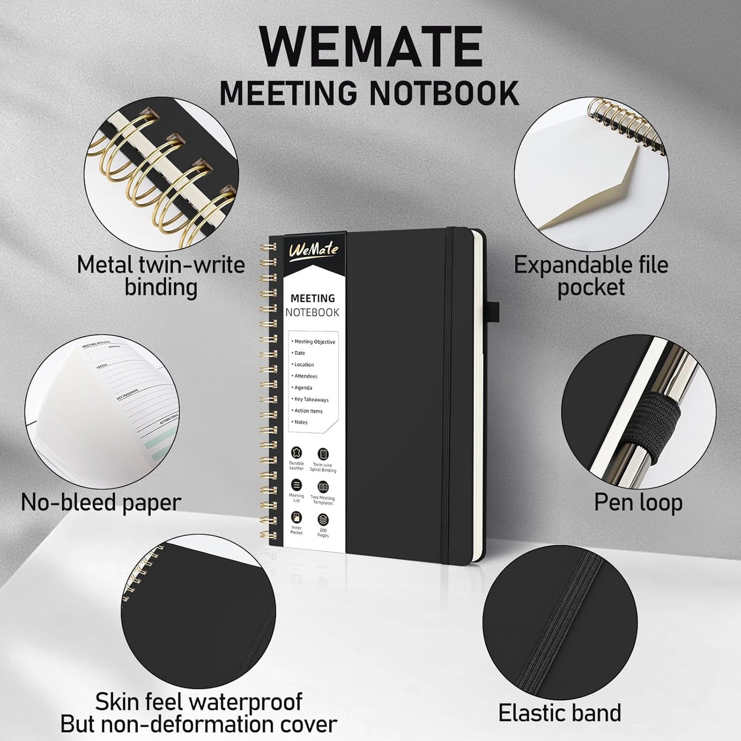 WEMATE Meeting Notebook for Work B5 (7"x10") - PU Leather Work Notebook with Agenda, Action Items & Notes - 200 Pages for Men&Women, Staff and Students, Meeting, Projects Planning - Black