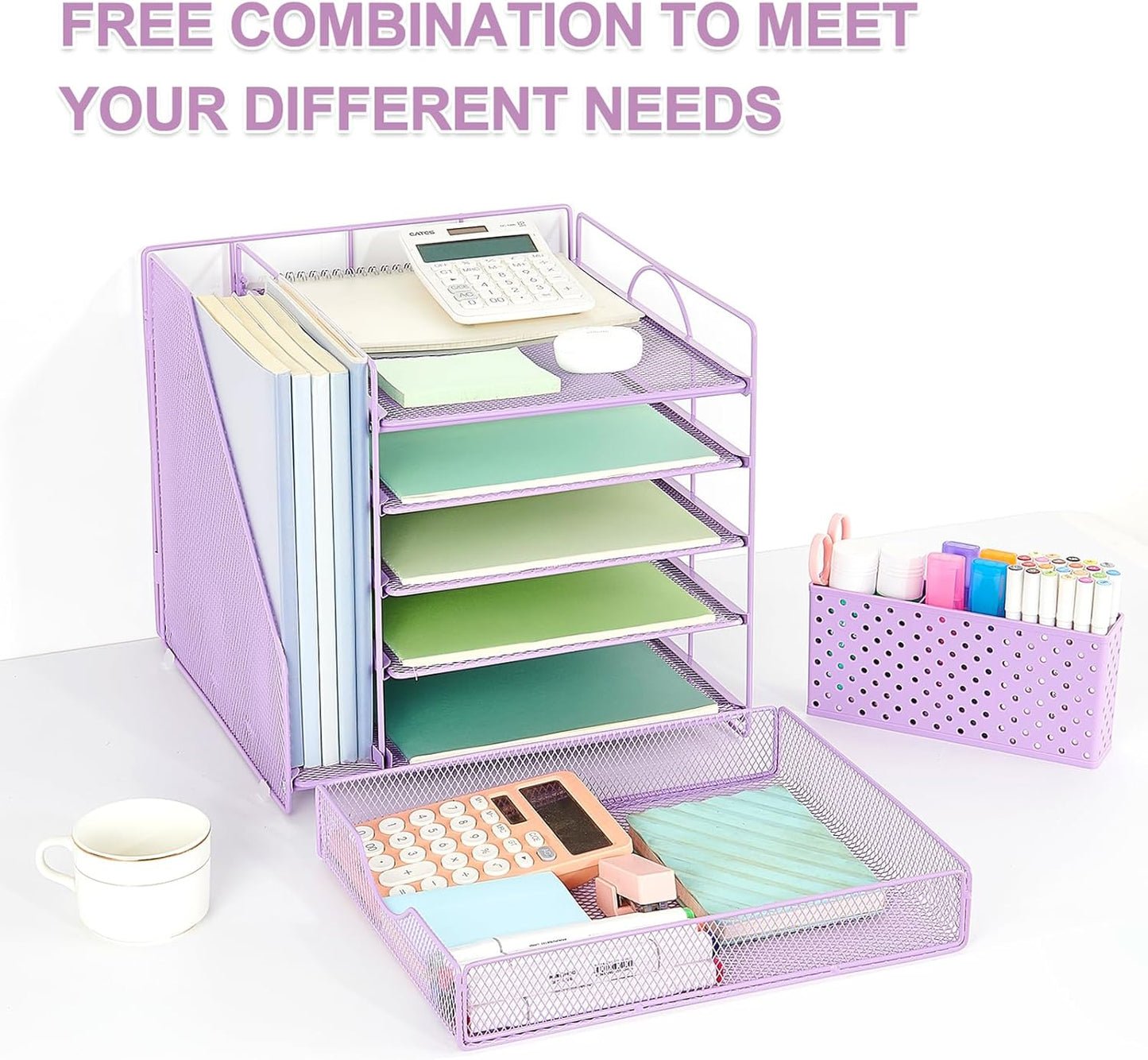 Desk Organizer with Drawer and Pen Holder, 5-Tier Paper Letter Tray Organizer with File Holder, Suitable for Workspace Organizer Office Supplies Storage (Purple)