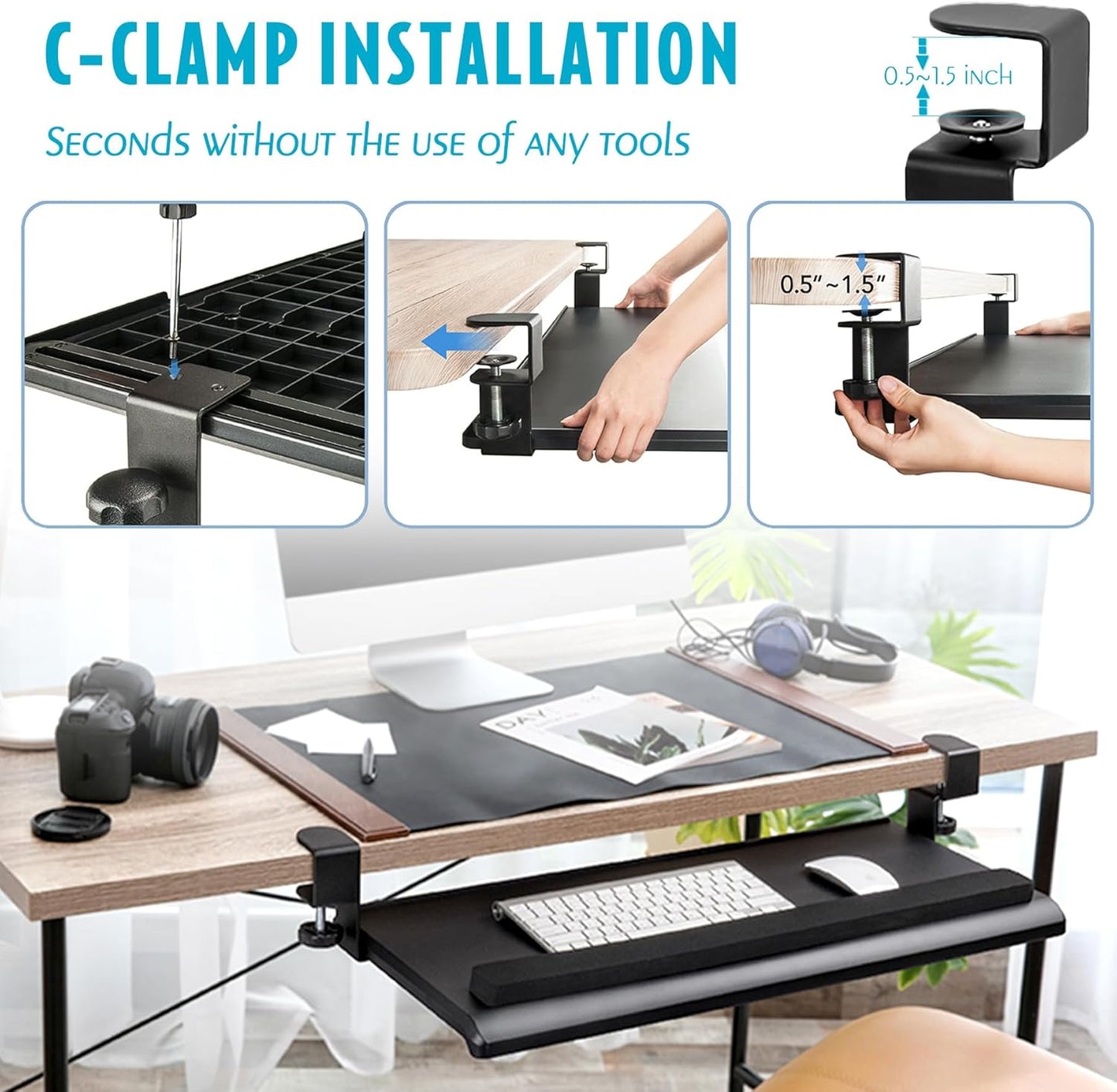 EHO Large Ergonomic C-Clamp Keyboard Tray Mount Under Desk with Wrist Rest, Slide-Out Platform 27.5" (31.8" Including Clamps) x 12.5", Pull Out Keyboard & Mouse Tray for Home or Office, Black