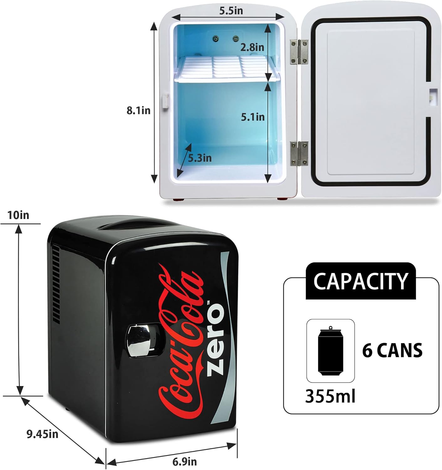 Coca-Cola Zero CZ04 4 Liter/4.2 Quarts 6 Can Portable Cooler/Mini Fridge, Beverages, Baby Food, Skincare and Medications-Use at Home, Office, Dorm, Car, RV or Boat-AC & DC Plugs Included, Black/Red