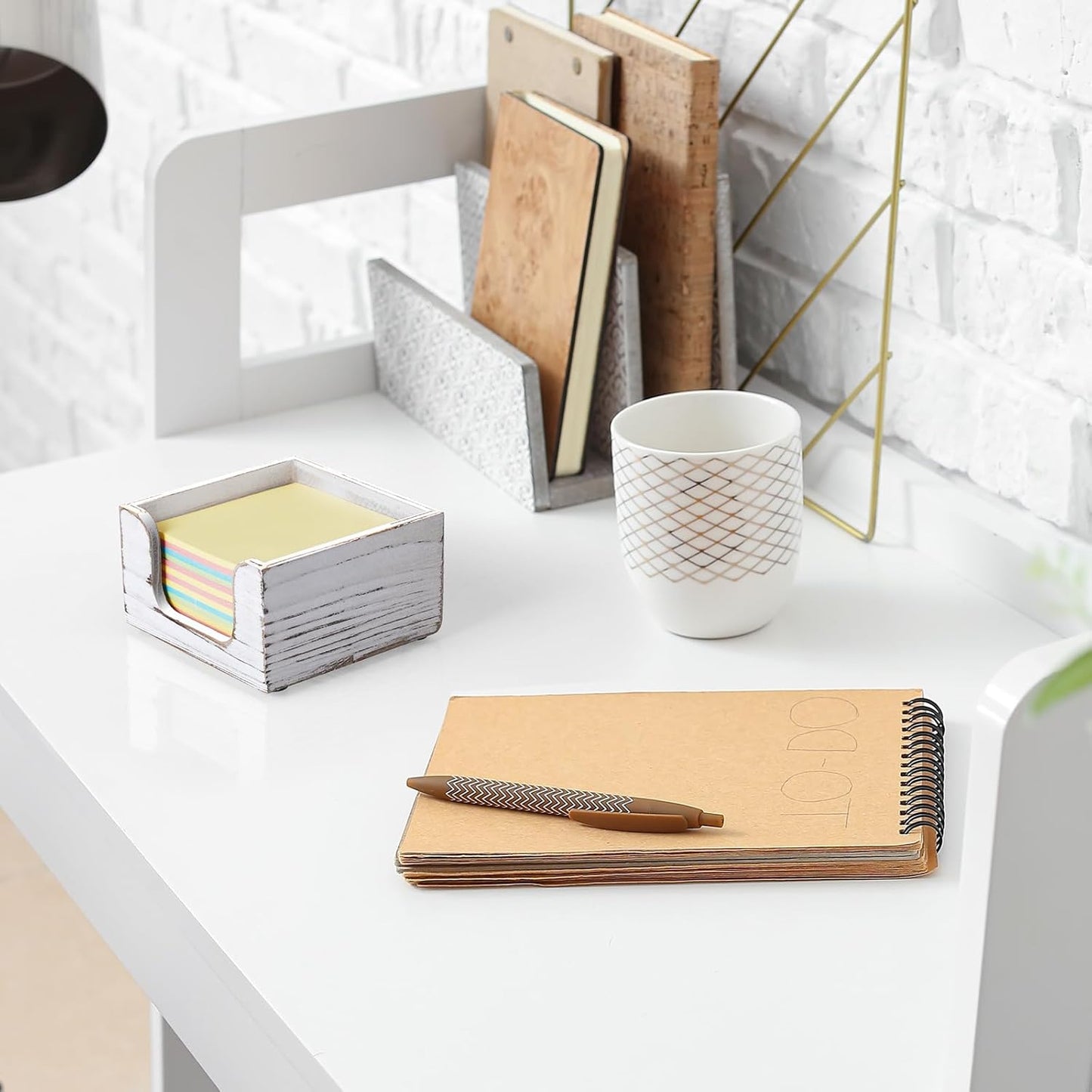 Wood Sticky Note Holder, White Washed Wooden Post It Note Dispenser for Office Desk Accessories, Self Stick Note Pad Holder, Memo Pad Holder Dispenser Organizer for School Office Desk Supplies