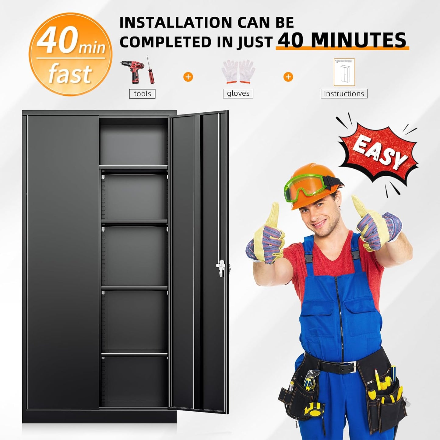 INTERGREAT Metal Storage Cabinet with Lock,Storage Wardrobe Cabinets with 4 Adjustable Shelves and Hanging Rod,Black Wardrobe Cabinet with Lockable Doors for Home Office,Warehouse,Garage