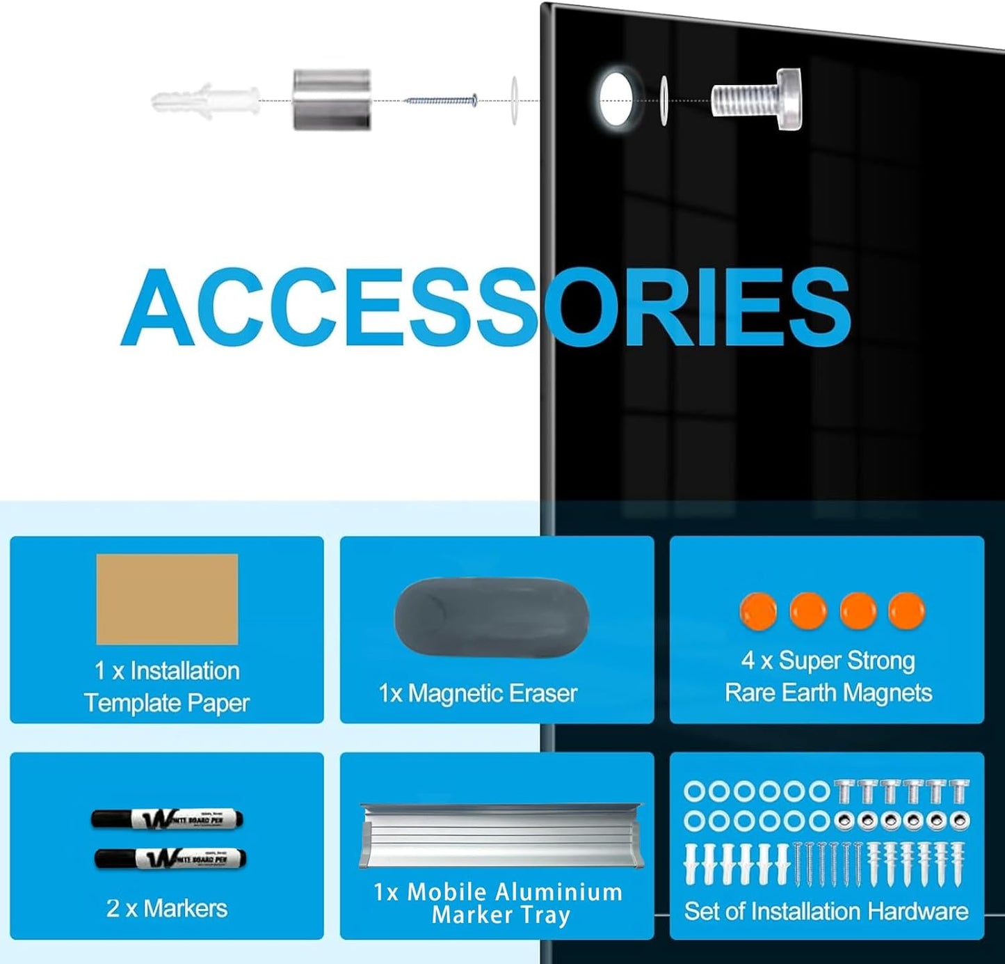 KIZZBY Magnetic Glass Dry Erase Board - Large Black Whiteboard for Wall 72"x48" Frameless Black Board for Office, Home & School