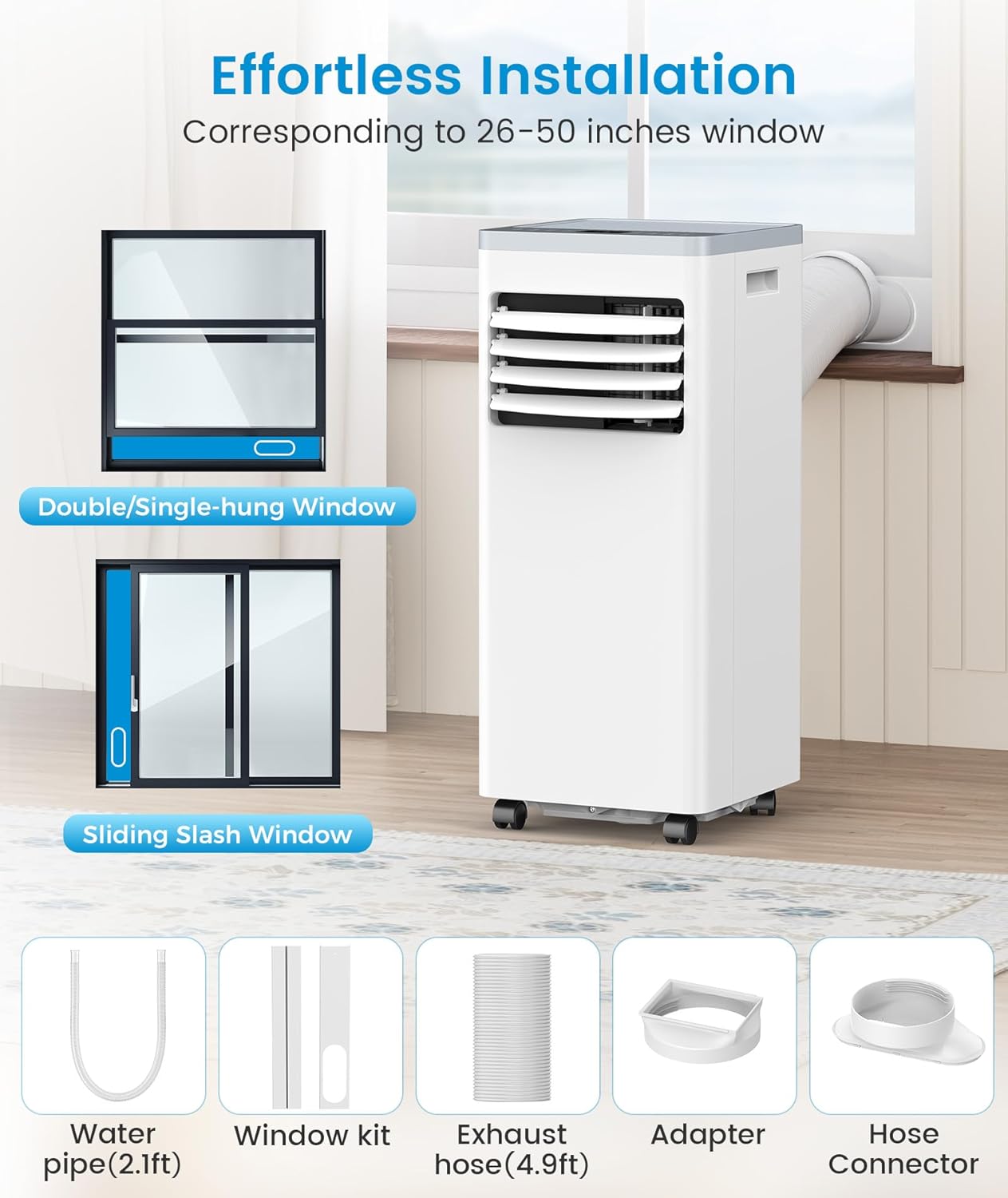 Portable Air Conditioner 10000 BTU Cools Up to 450 Sq. Ft., 3-in-1 Modes Portable AC Unit Remote Control, LED Display, Auto Shutoff, AC with Window Kits for Bedroom, Home, Office, White