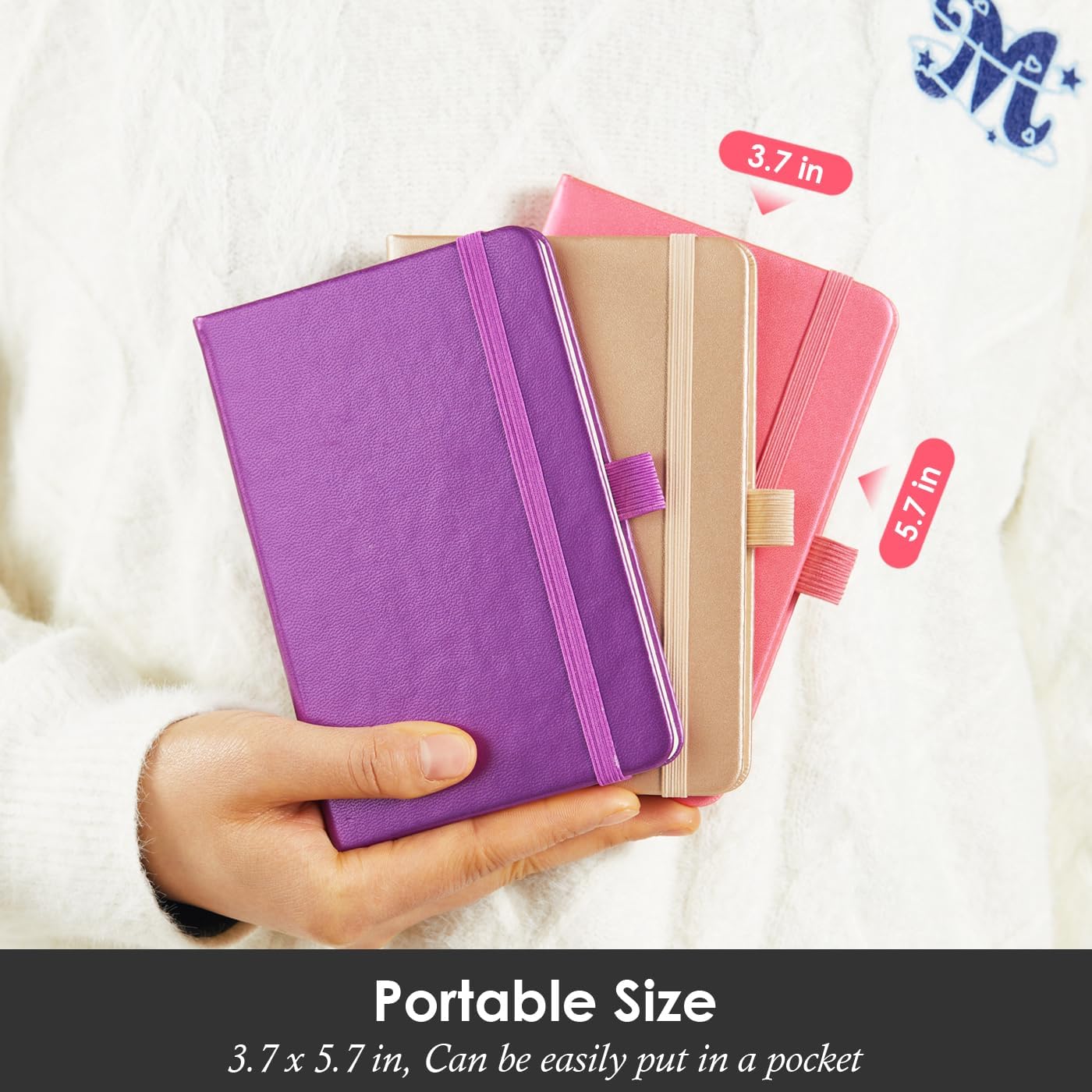 3 Pack Pocket Notebook Journal with Pen, Mini Small Notepad Notebook 3.7" x 5.7" for Women Writing, 408 Pages, Pearlescent Pink Purple Gold