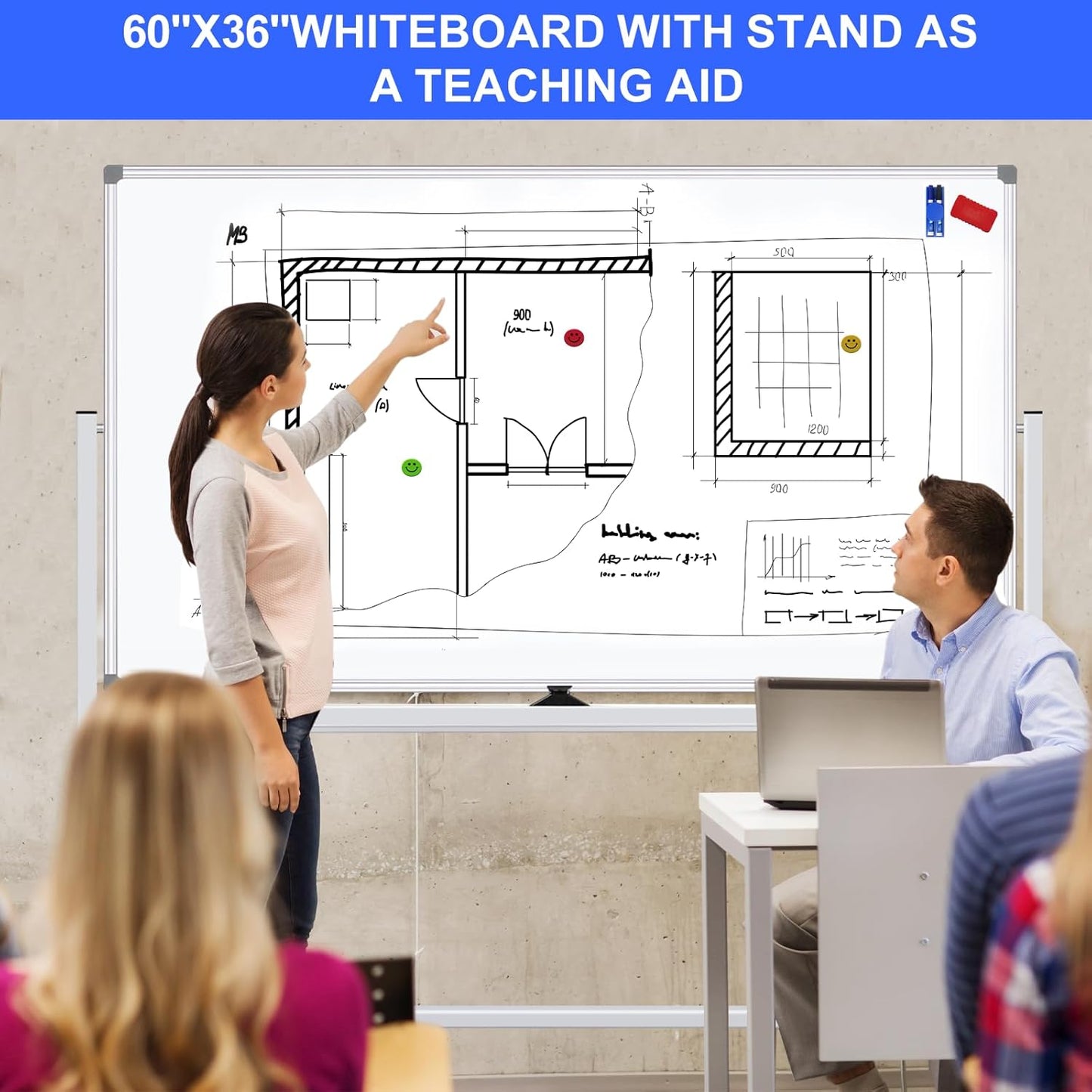 Mobile Magnet Whiteboard with Stand 60x36 Double-Sided Dry Erase Board with Stand - Magnetic Portable Standing Whiteboard - 5' x 3' Rolling White Boards with Easy Flip Feature