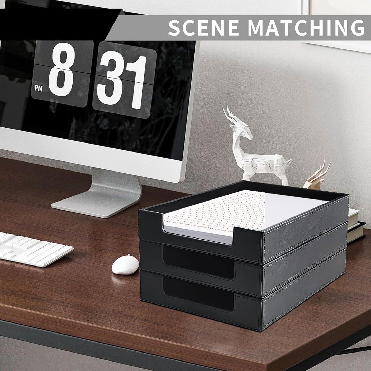 PU Leather Letter Tray - Load Documents Trays Front for Office Desktop Organizer - Desk Magazine, File, A4 Paper Holder - Paper Document File Holder (Black, A4-Tray)