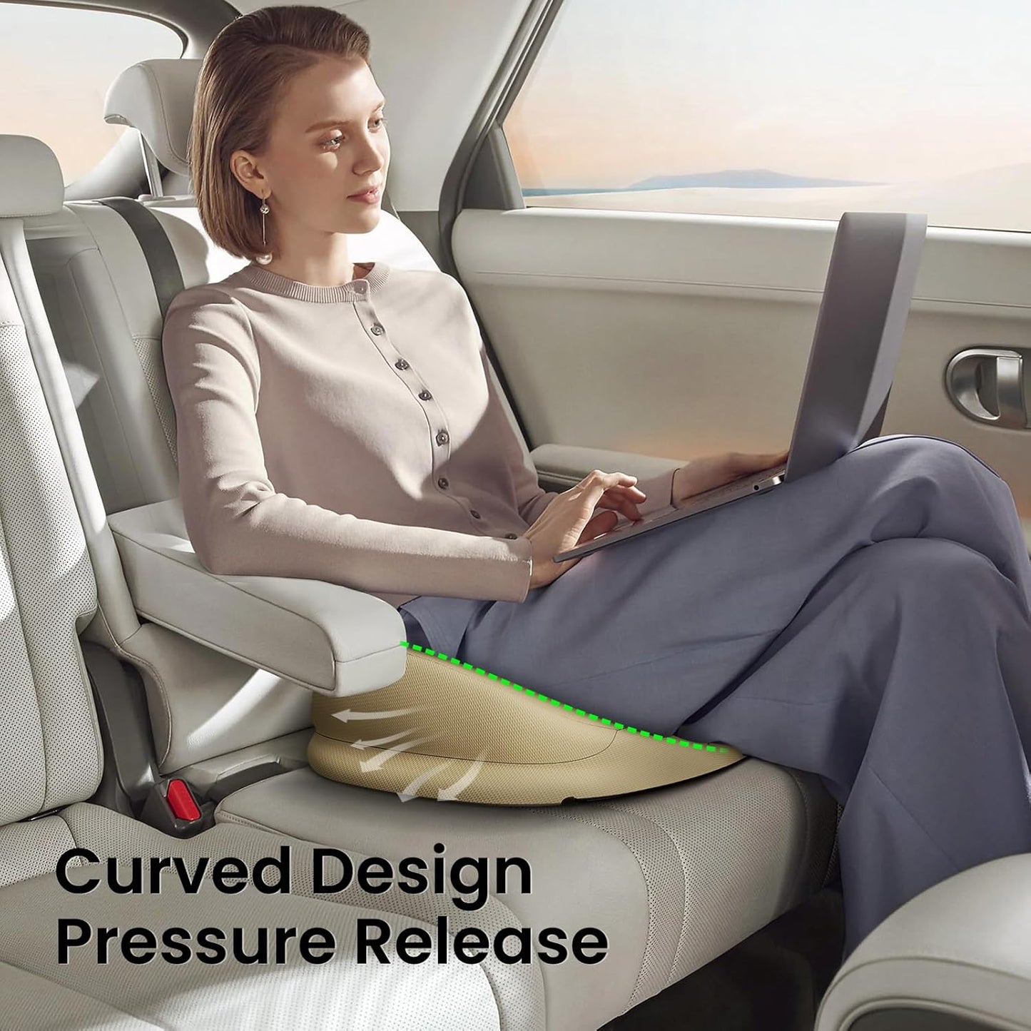 Benazcap Large Seat Cushion for Office Chair Memory Foam Coccyx Pain Relief Cushion Pillow for Back Support Non-Slip Seat Pad for Office Desk, Car Seat, Wheelchair, Sciatica-Beige