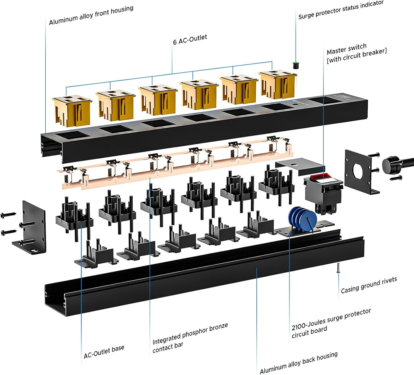 CRST 2Pack 6 Outlet Surge Protector Power Strip 2100J with Switch, 15A/1875W Heavy Duty Mountable Power Strip, Wide Spaced Power Bar for Garage Worshop Home School, 6 FT Cord( Black+Yellow)