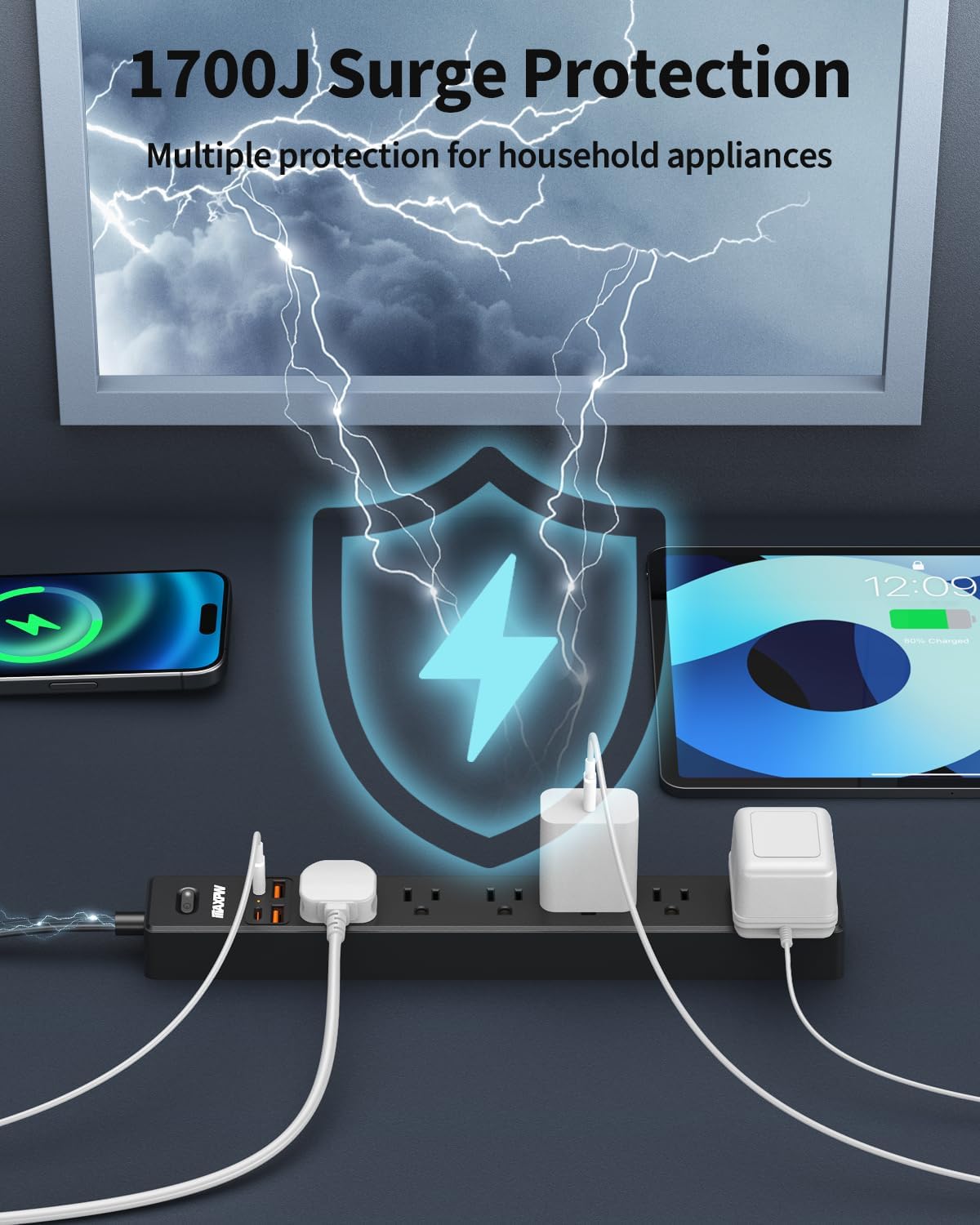 10 Ft Power Strip Surge Protector - 7 Outlets 4 USB Ports (2 USB C), Ultra Thin Flat Extension Cord & Flat Plug, 1700 Joules, Wall Mount, Desk Charging Station for Home Office Dorm, Black