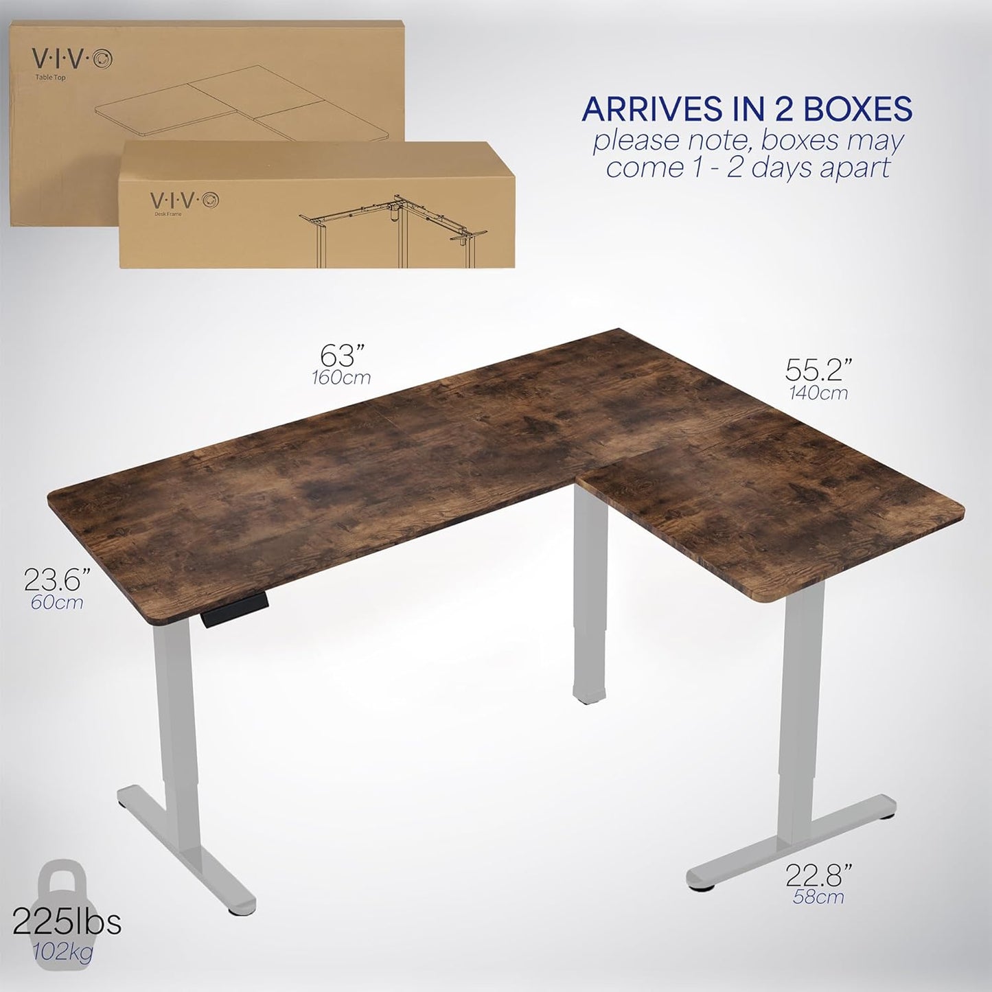 VIVO Electric Corner L-Shaped 63 x 55 in Rustic Standing Desk, Memory Height Adjustment, Vintage Brown Top Gray Frame, DESK-E3CTGN