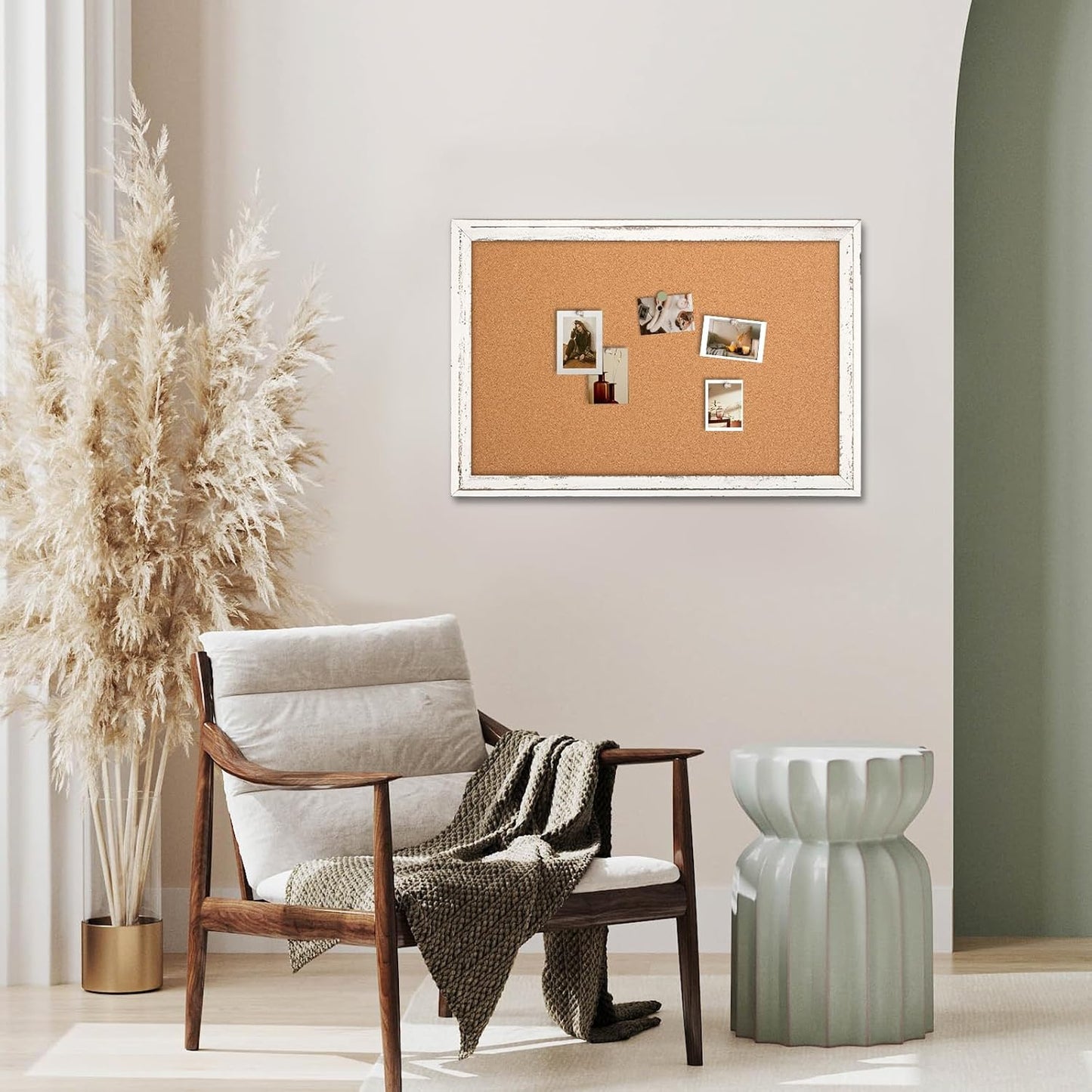 Cork Board Bulletin Board, 30" x 20" Rustic White Wooden Frame Corkboard for Wall, Hanging Vision Board, Pin Board for Home Room Dorm Office Decor