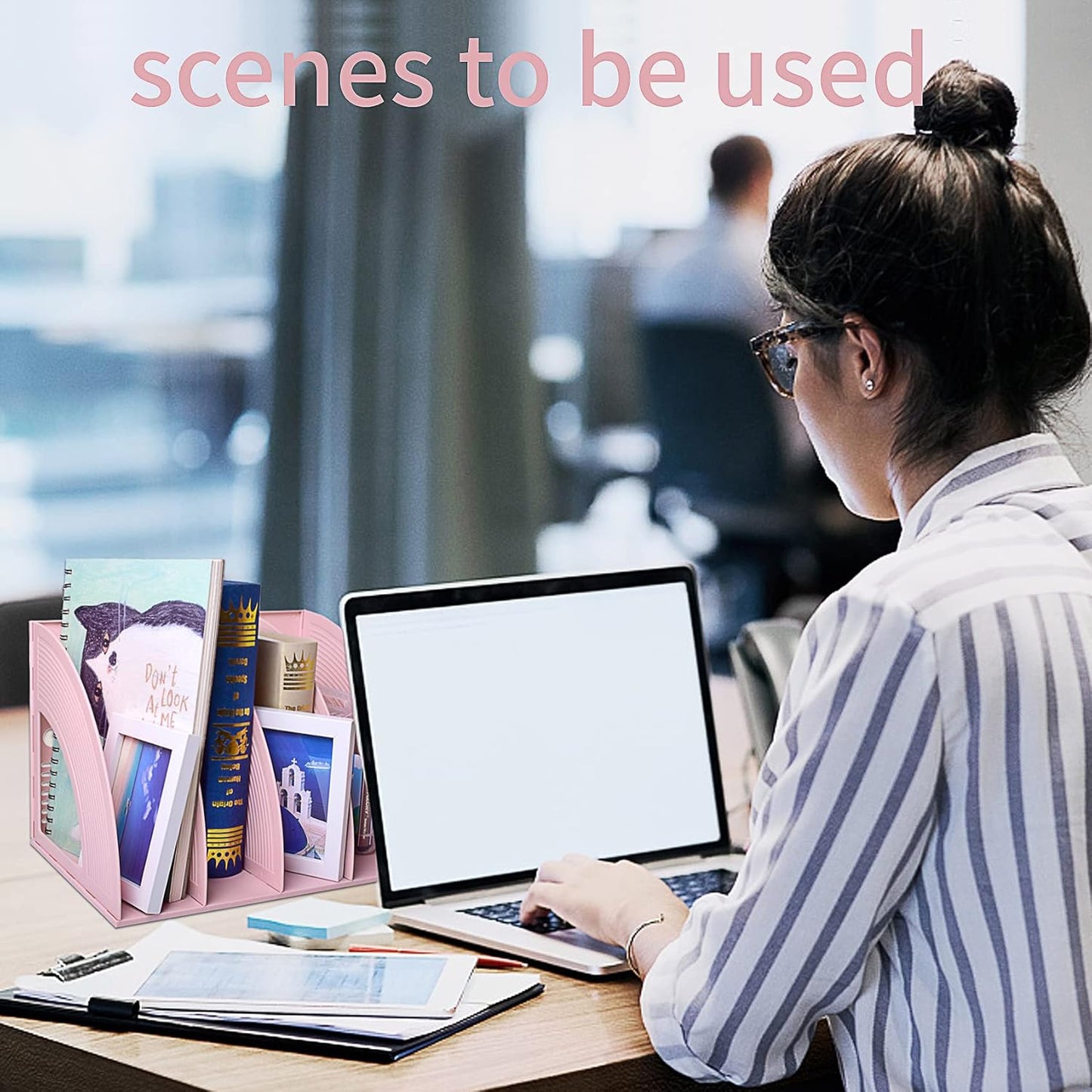 SAYEEC Magazine File Holder Folder Storage Desktop 4 Compartment Standing Hollow Pink Files Bookshelf Organizer Office Racks Displays Holds Notebooks Documents for School Working Students