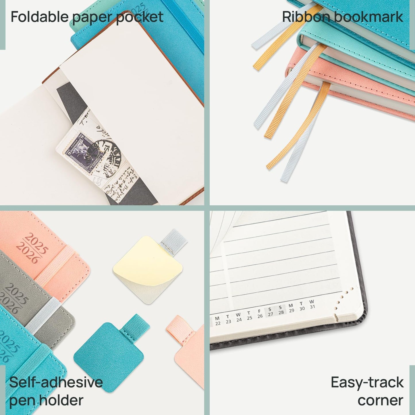 POPRUN Pocket Planner 2025-2026 (Purse Size 4'' x 6.25'') Academic Small Calendar (July 2025 - June 2026) with Hourly Time Slots, 100GSM Thick Papers, Leather Soft Cover - Pink