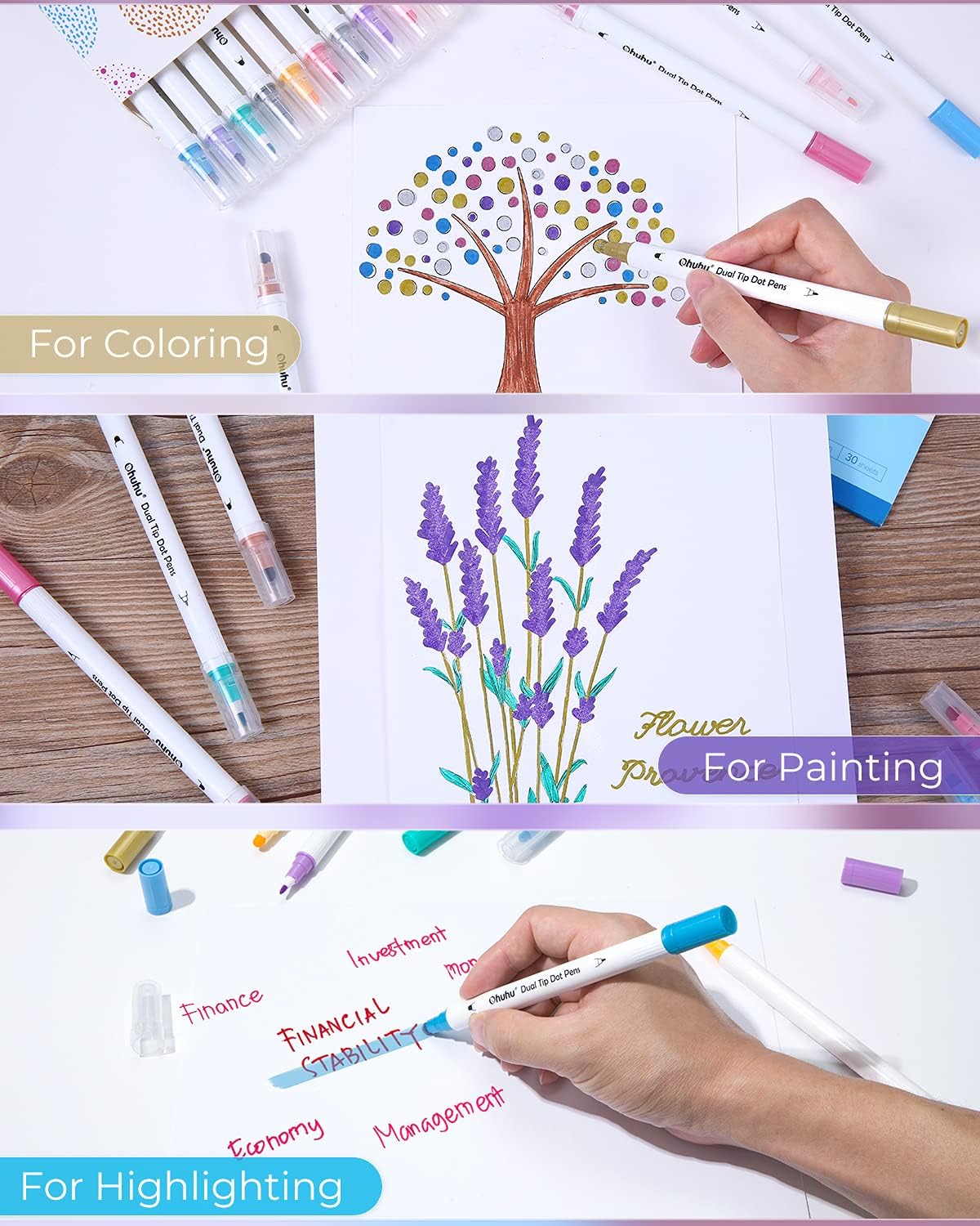 Ohuhu Dual Tip Dot Markers: 15 Colors Dot Marker Pens (Fine & Dot) for Kids Adults Water-Based Ink Metallic & Regular Colors Dot Pens for Journaling Scrapbooking DIY Highlighting Drawing Markers