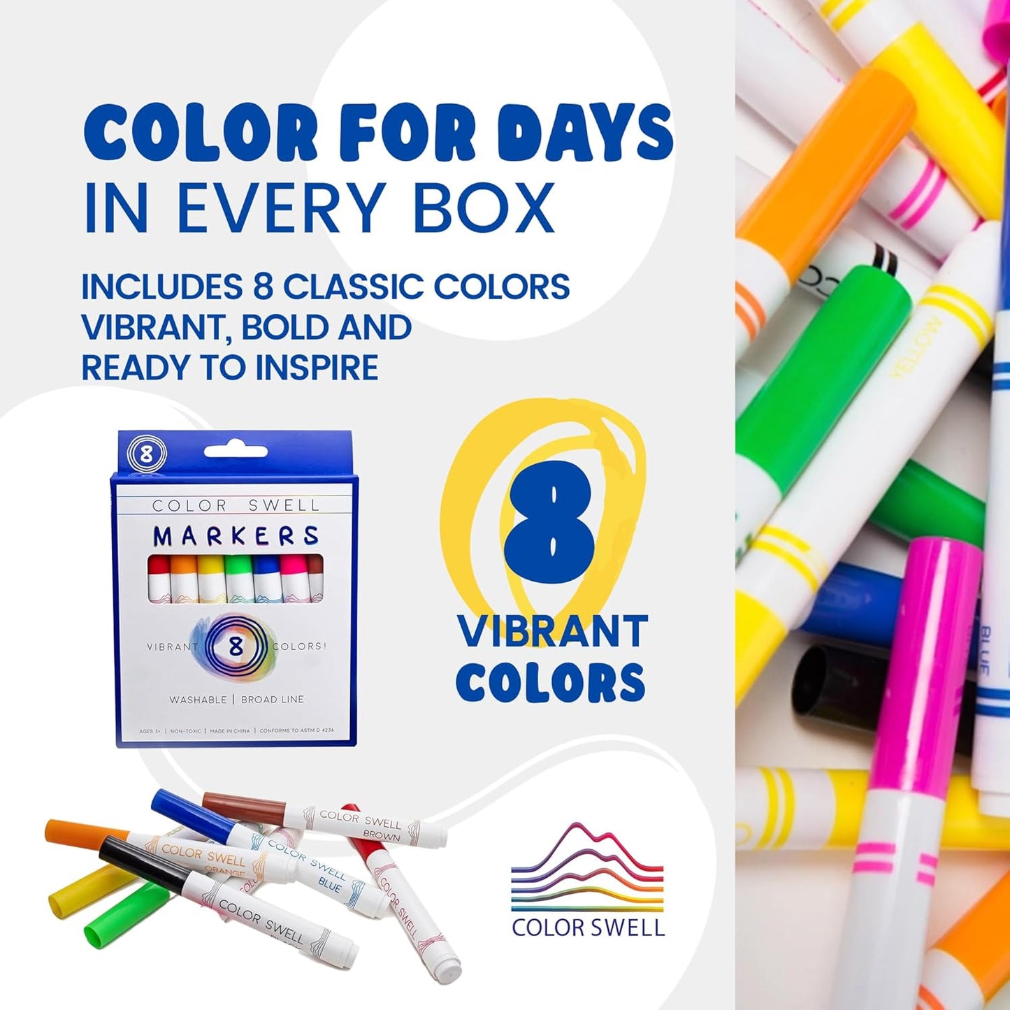 Color Swell 8-Pack Broad Line Markers – Washable, Non-Toxic, Ideal for Kids, Students, Adults, and Classroom Activities