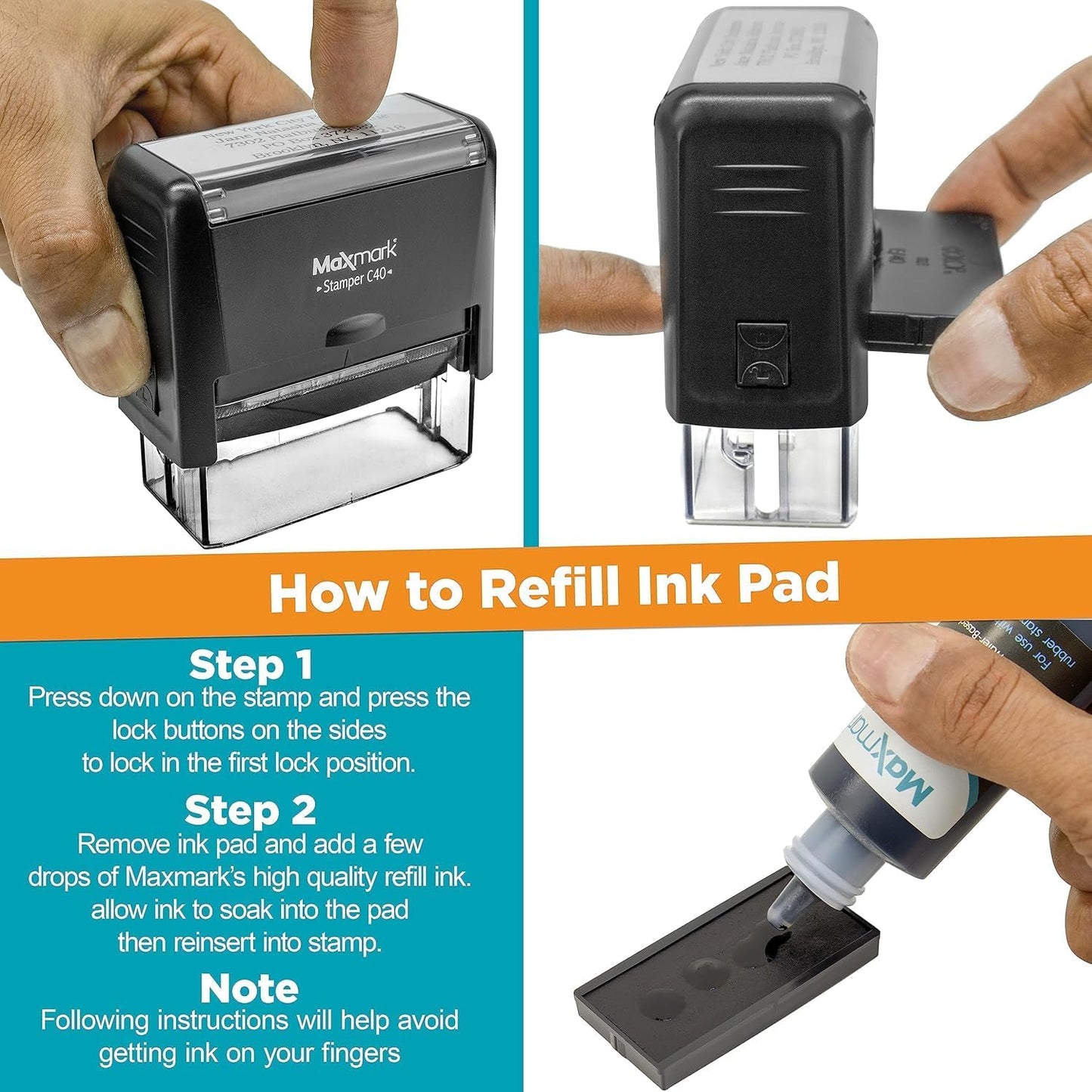 MaxMark Customized Self Inking Stamp - Up to 2 Lines of Text - Small & Wide Size - Choose from 15 Ink Colors