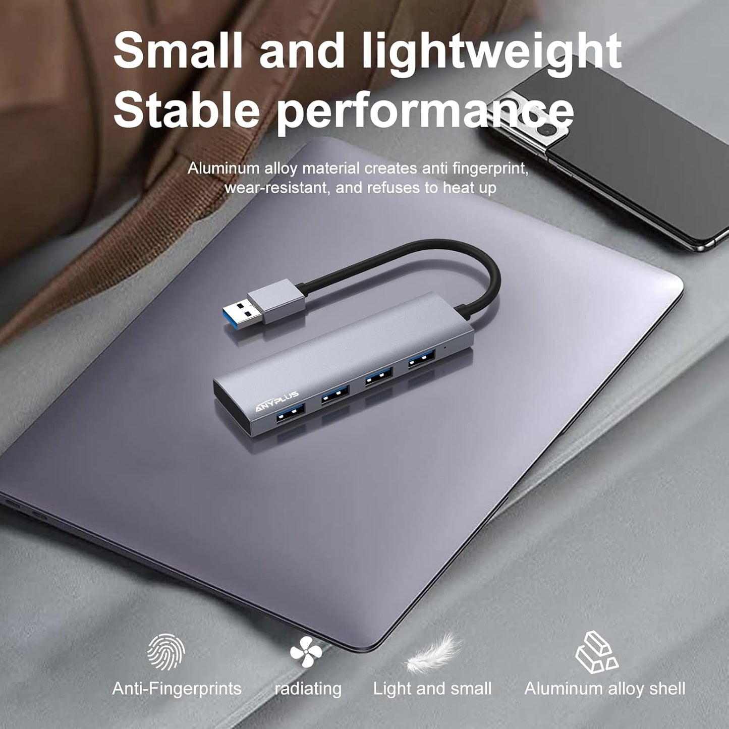 USB Hub, USB 3.0 Hub Aluminum Alloy Ultra Slim USB Splitter, Portable 4 Port USB Extender, USB Hub for Laptop, PC, MacBook, iMac, Surface Pro, Mac Pro, Flash Drive, XPS 【Grey】