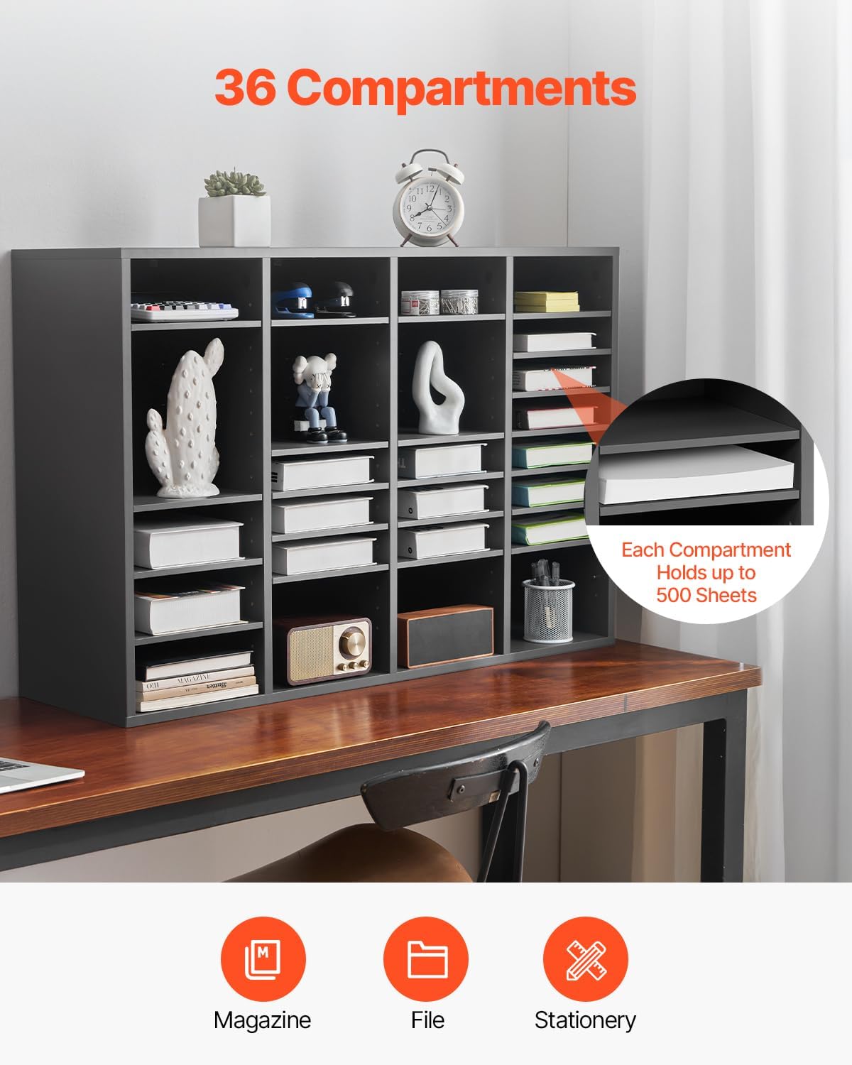 VEVOR Literature Organizer, 36 Compartments Office Mailbox with Adjustable Shelves, Wooden Mailbox Sorter Medium Density Fiberboard Office Home Classroom Storage for Files, Documents, Papers, Grey