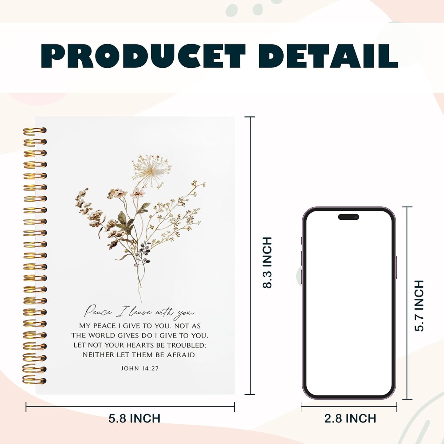 BearCake Peace I Leave with You Floral Christian Notebook Journal, Christian Gifts for Women, Bible Notebooks for Note Taking, Bible Journaling Notebook, Hardcover Spiral Notebook 5.5x8.3