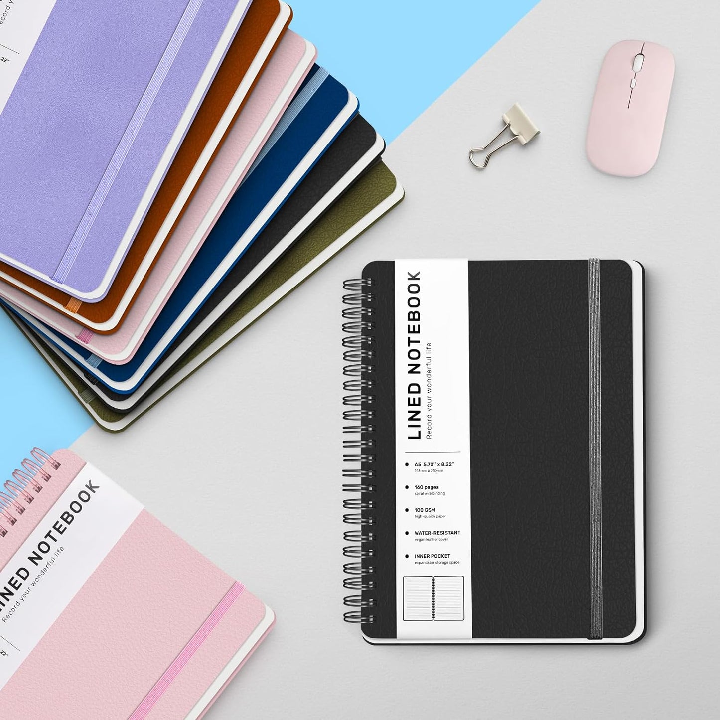 Lined Spiral Journal Notebook, A5 Hardcover Leather Notebook for Work, 5.7''×8.2'', 100GSM Thick Paper Spiral Bound Journaling Notebooks for Women & Men Office School Note Taking Business, Black