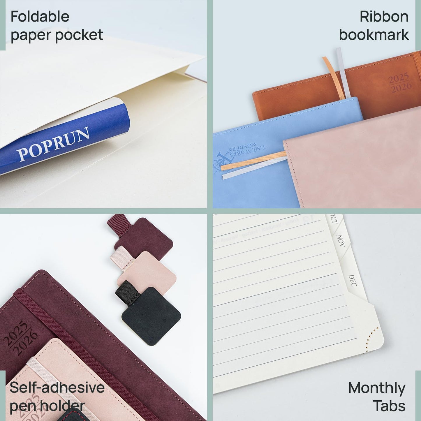 POPRUN Planner 2025-2026 Weekly Notebook (Large 8.5''x 10.5'') Academic Calendar (JUL.25 - JUN.26) Appointment Book with Monthly Tabs, Leather Soft Cover, Inner Pocket, 100 GSM - Pink