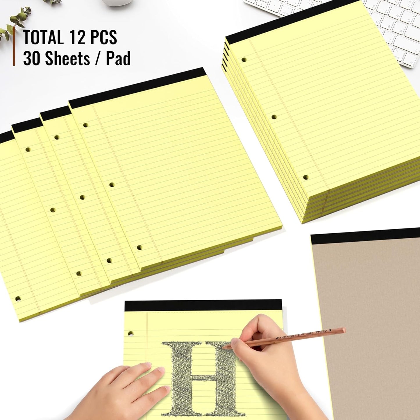 HAUTOCO 8.5 x 11 Legal Pads 12 Pack Yellow Wide Ruled Lined Writing Note Pads Perforated Notepad, 30 Sheets Per Notepad, 3-Hole Punched Paper for School, Office