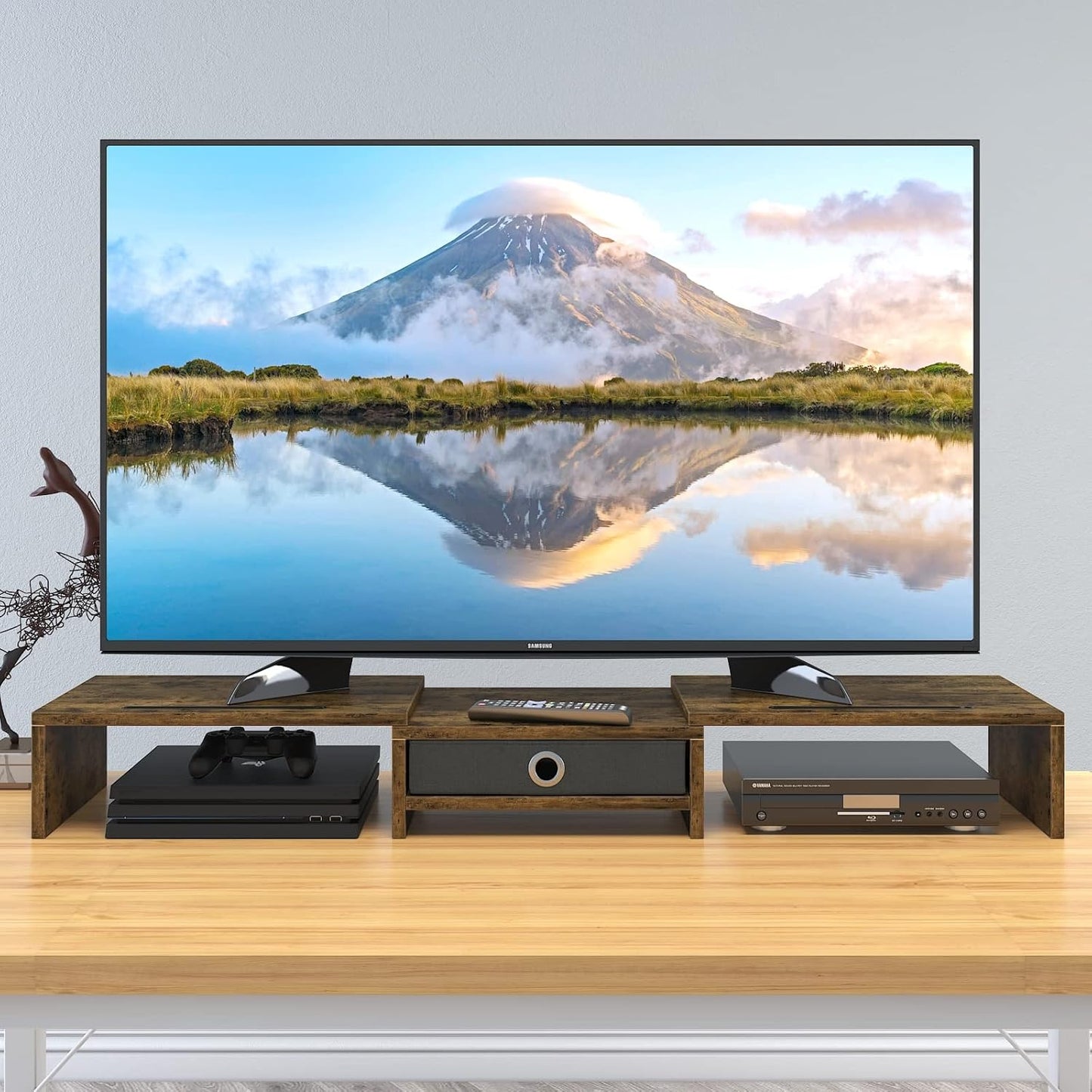 WESTREE Dual Monitor Stand Riser with Drawer, 3 Shelf Computer Monitor Riser with Adjustable Length and Angle, Desktop Monitor Stand Riser Storage Organizer for 2 Monitors