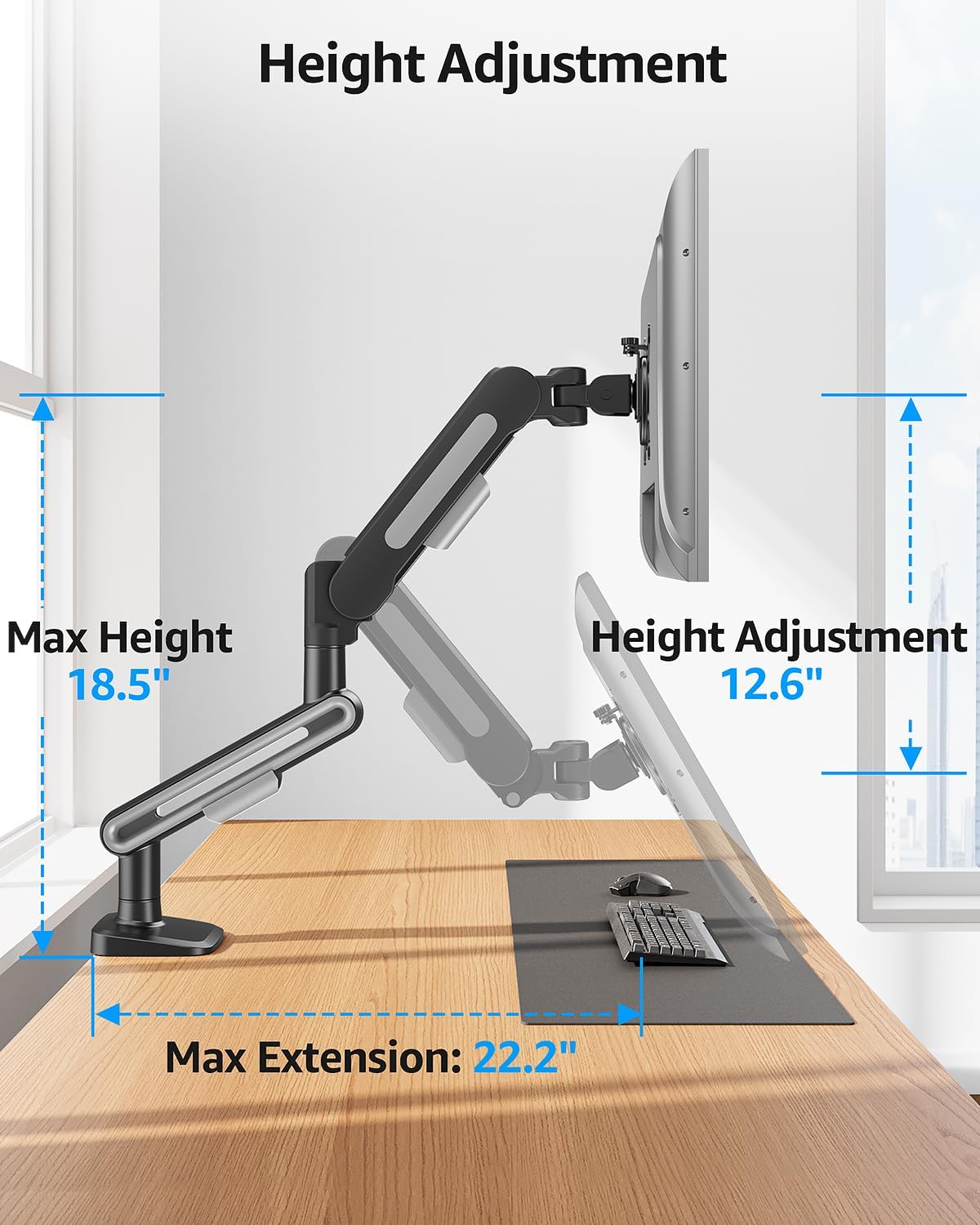 MOUNTUP Single Monitor Desk Mount for 4.4-26.5lbs, Heavy Duty Monitor Arm for 39 37 34 32 27inch, Full-Motion Monitors Stand, Height Adjustable Gas Spring Monitors Arm with C-Clamp&Grommet Base