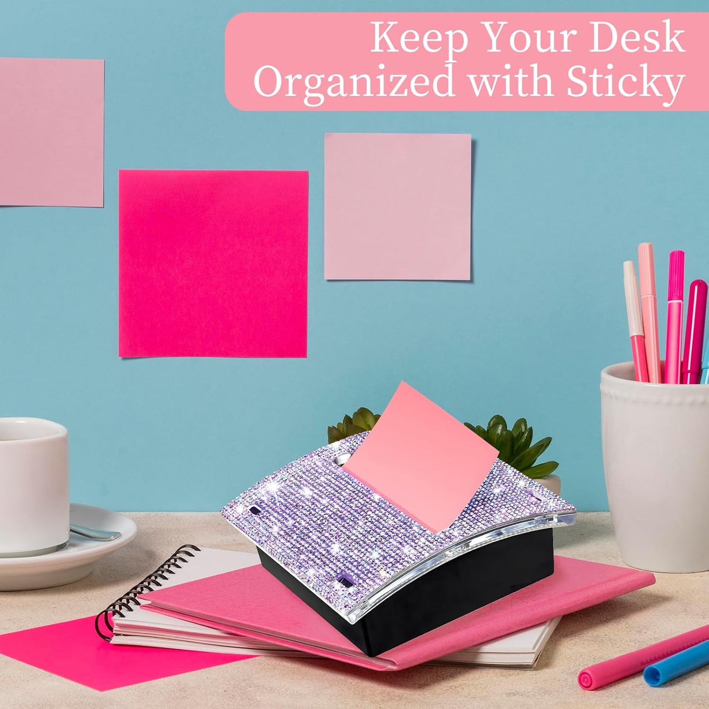 Rhinestone Self Sticky Note Holder Post it Note Dispenser Pop-Up Sticky Notes Dispenser 3 x 3 inch Post it Dispenser for Office Desk Accessories(Purple)